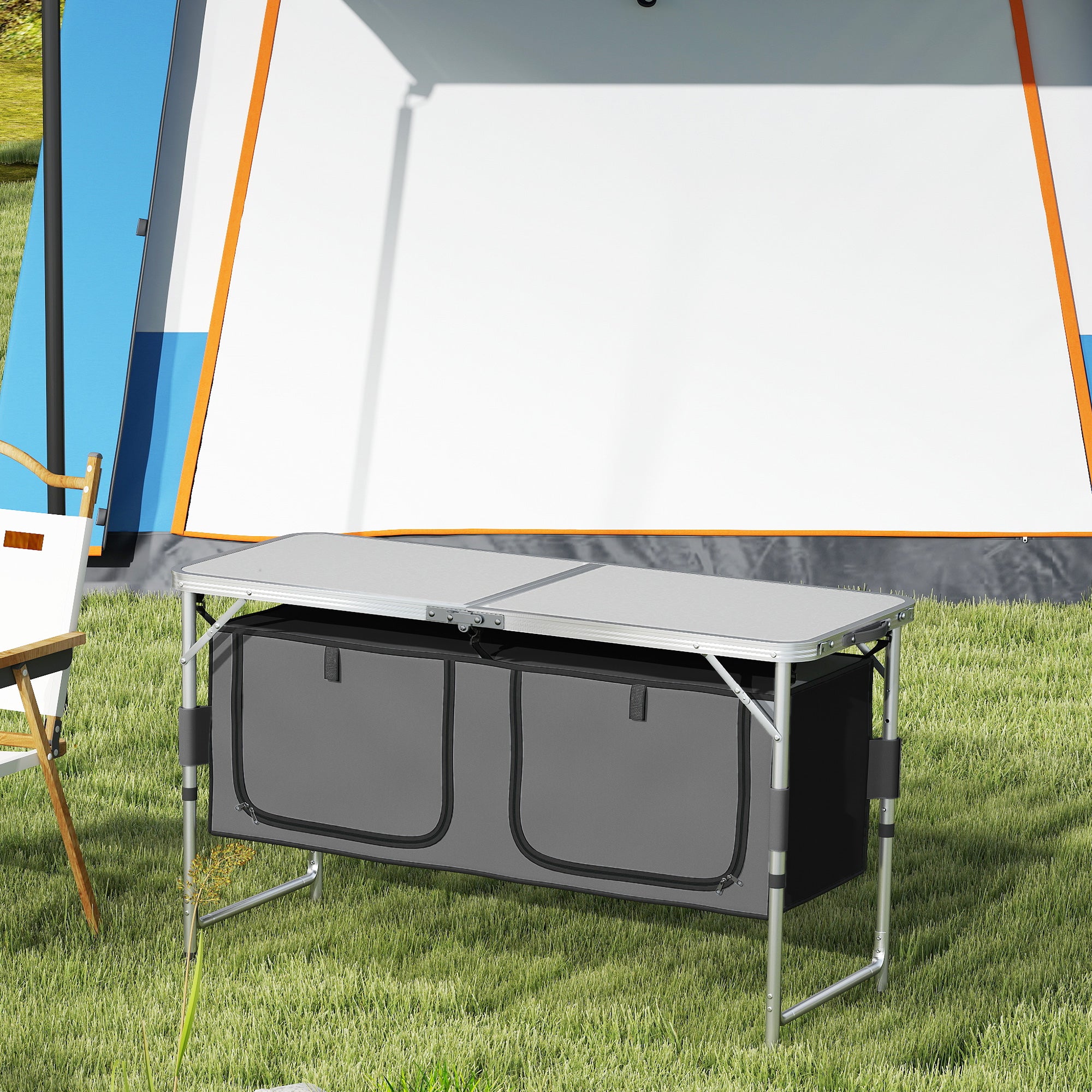 Outsunny 4ft Folding Camping Cupboard Kitchen, Height Adjustable Aluminium Camping Table with Storage, Lightweight Picnic Table for Outdoor Garden BBQ Party