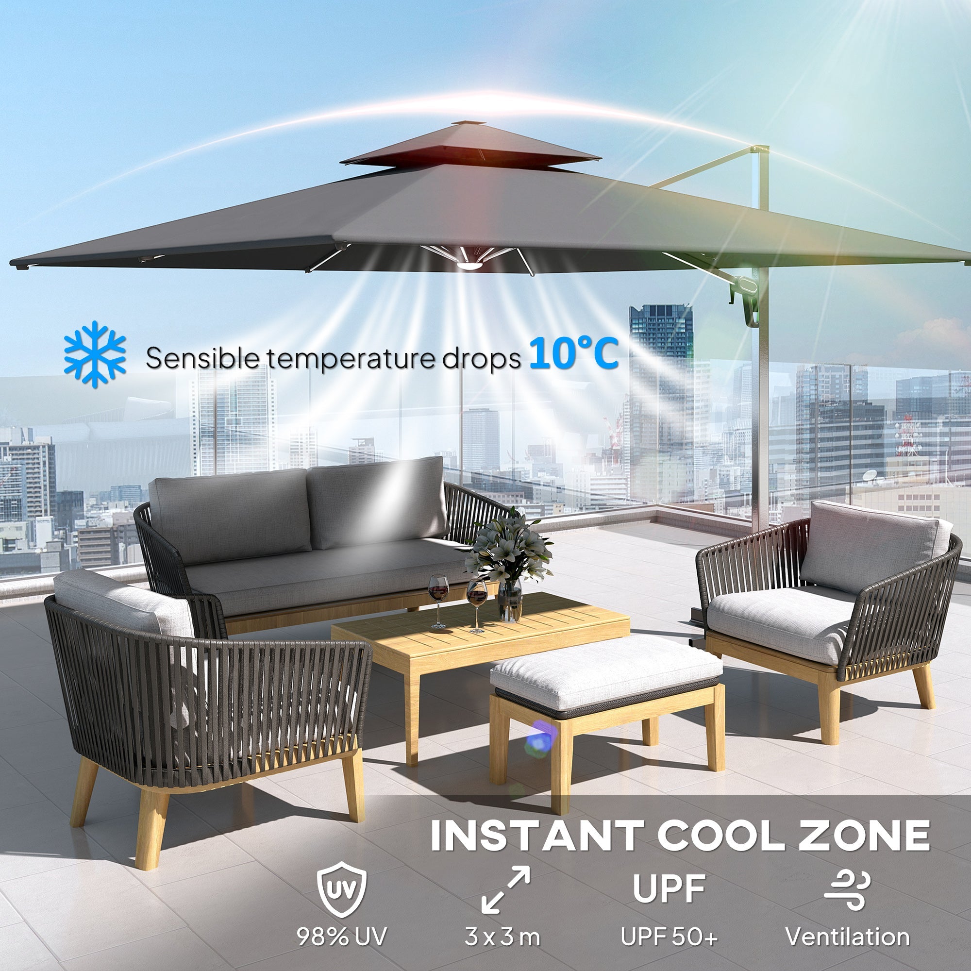 Outsunny 3(m) Garden Cantilever Parasol with Solar LED Lights, Cross Base, 360Â° Rotation, Crank Handle and Tilt, Grey