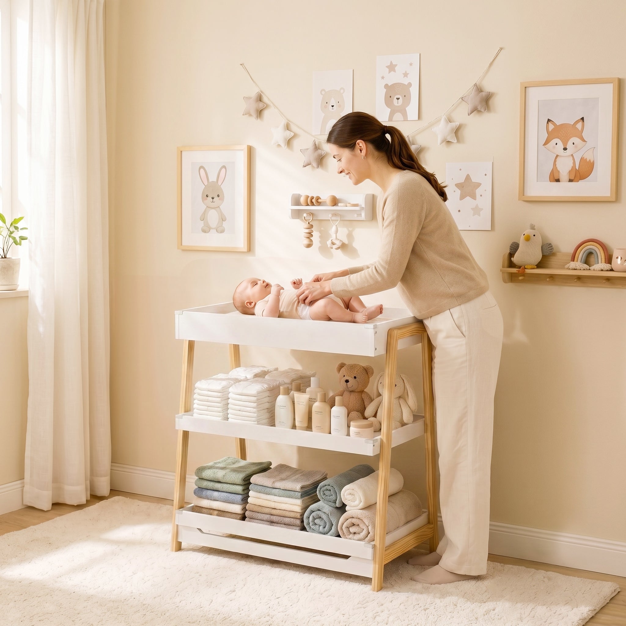 AIYAPLAY Baby Changing Table with 2 Storage Shelves, Nursery Diaper Changing Unit with Waterproof Changing Mat, White