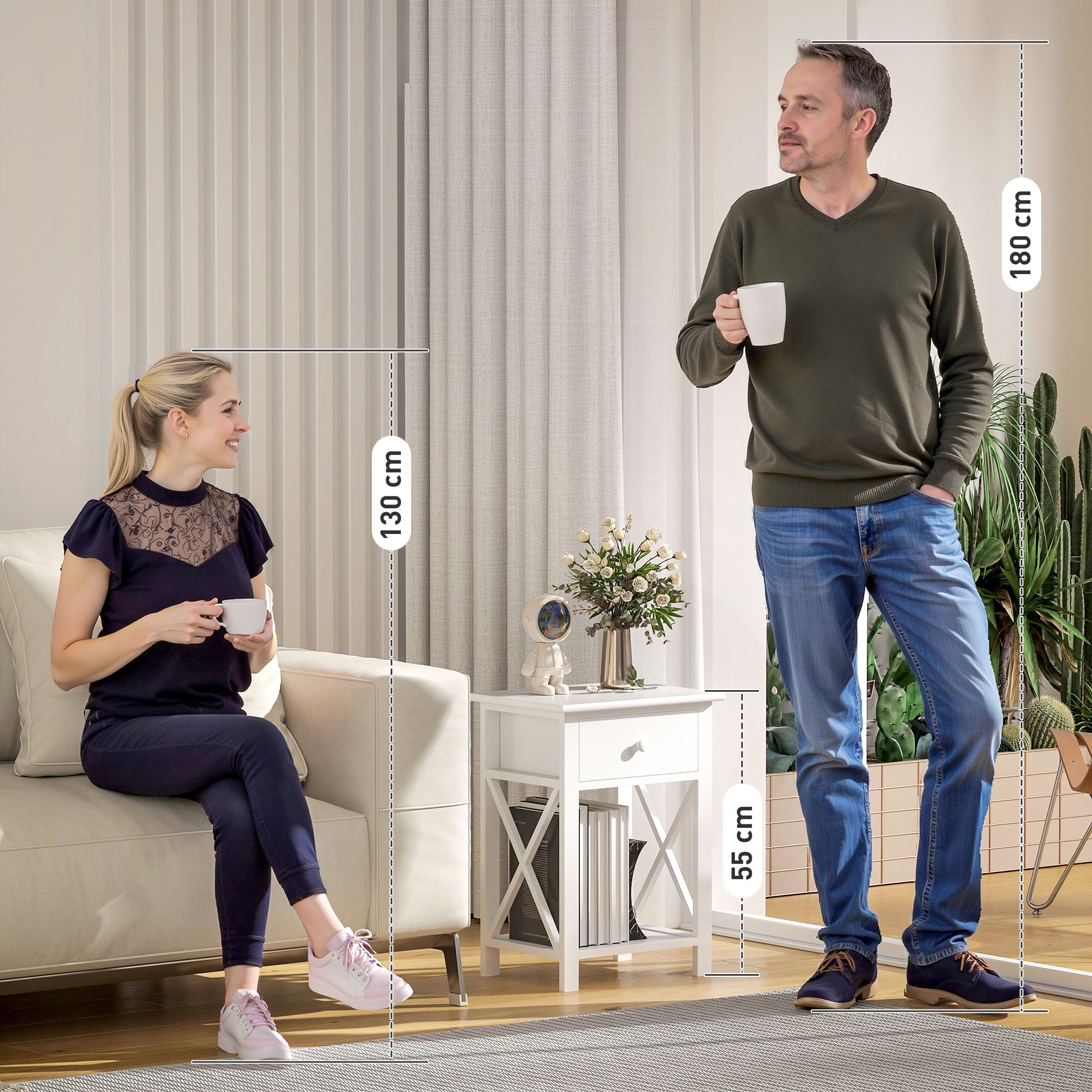 HOMCOM End Table, Sofa Side Table with Drawer X Bar Bottom Storage Shelf, Nightstand Bedside Table for Bedroom or Living Room White