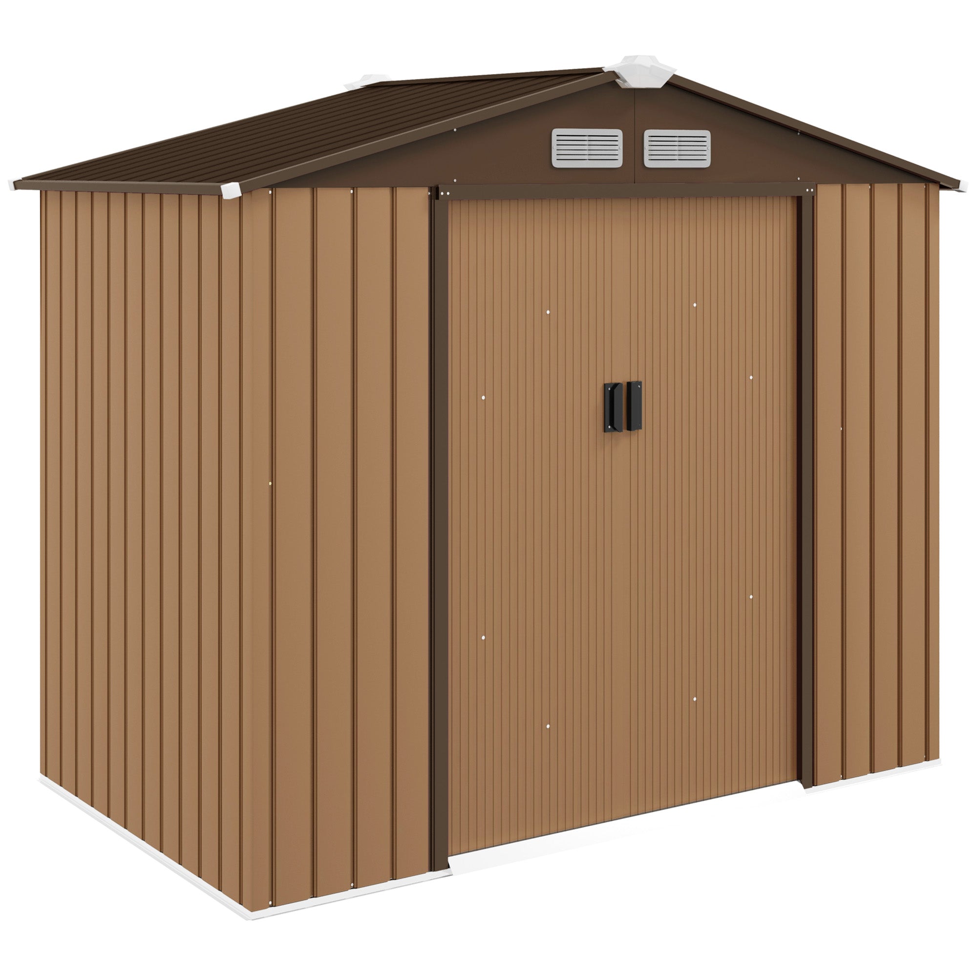 Outsunny 7 x 4ft Lockable Metal Garden Tool Storage Shed, Outdoor Storage Shed with Foundation and vents, Light Brown