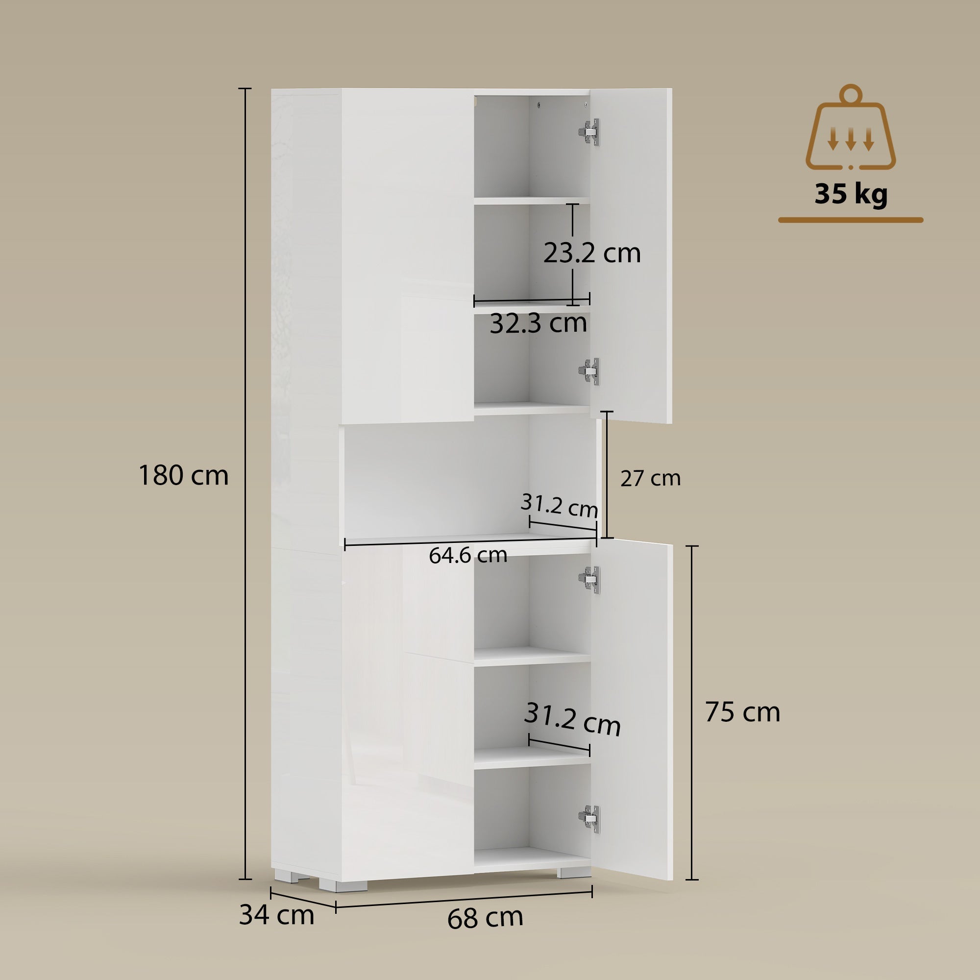 HOMCOM 180 cm Tall Kitchen Cupboard, Pantry Storage Cabinet with Soft Close Doors and Adjustable Shelves, High Gloss White