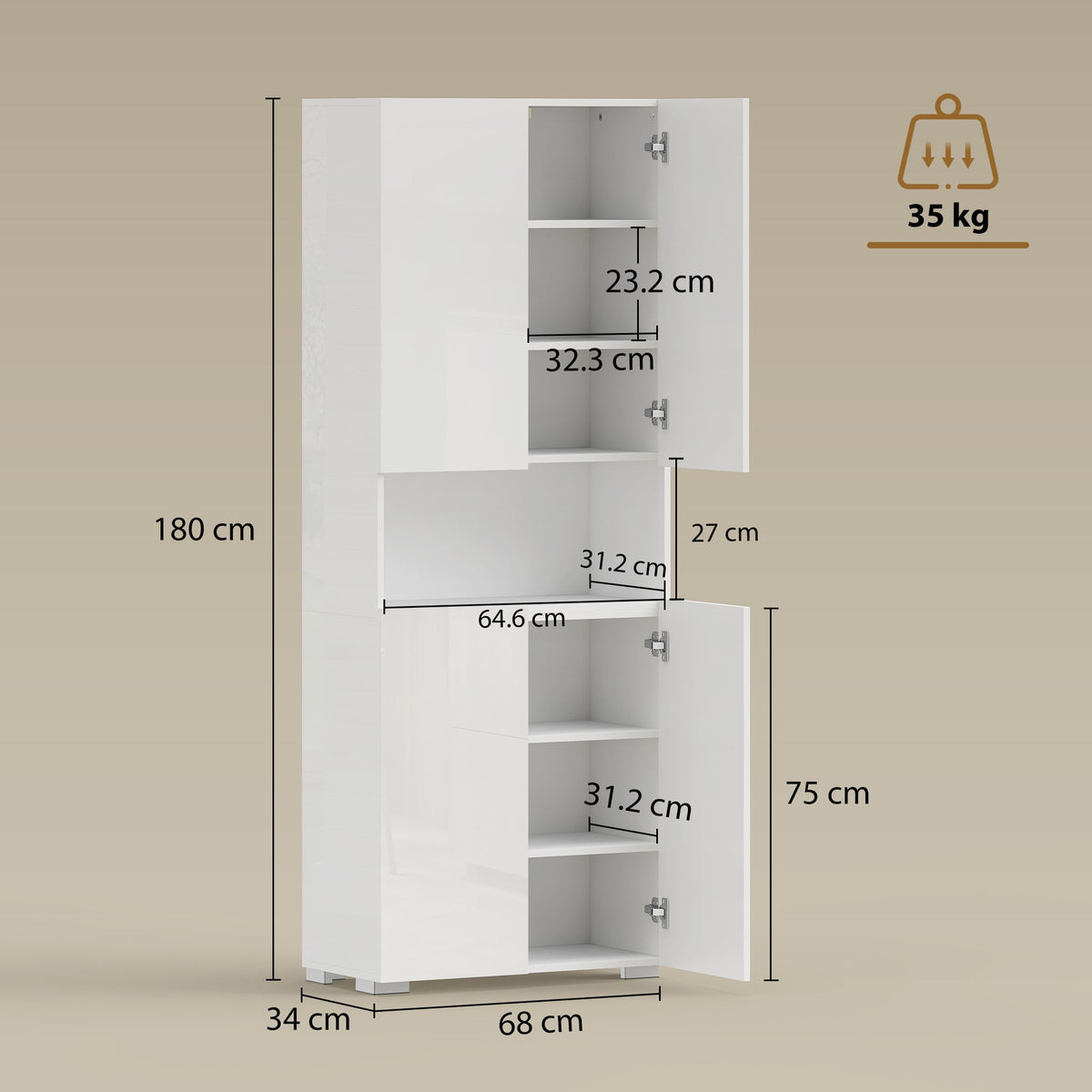 HOMCOM 180 cm Tall Kitchen Cupboard, Pantry Storage Cabinet with Soft Close Doors and Adjustable Shelves, High Gloss White