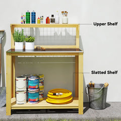 Outsunny Wooden Potting Bench Table with Aluminium Worktop, Outdoor Garden Workbench with 2 Shelves