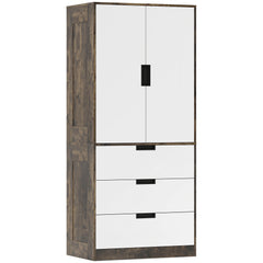 HOMCOM Modern Clothes Storage Cupboard Unit, 3 Drawer 2 Door Wardrobe with Hanging Rod, Rustic Brown