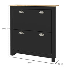 HOMCOM 2 Drawer Shoe Cabinet Modern Narrow Shoe Cupboard Hallway Wooden Storage Organiser with Flip Doors Adjustable Shelf for 6-12 Pairs, Black