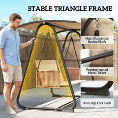 Outsunny 3 Seater Swing Chair with Adjustable Canopy, 360 kg Garden Swing Seat Outdoor Hammock Bench with Cushions, Sand Brown