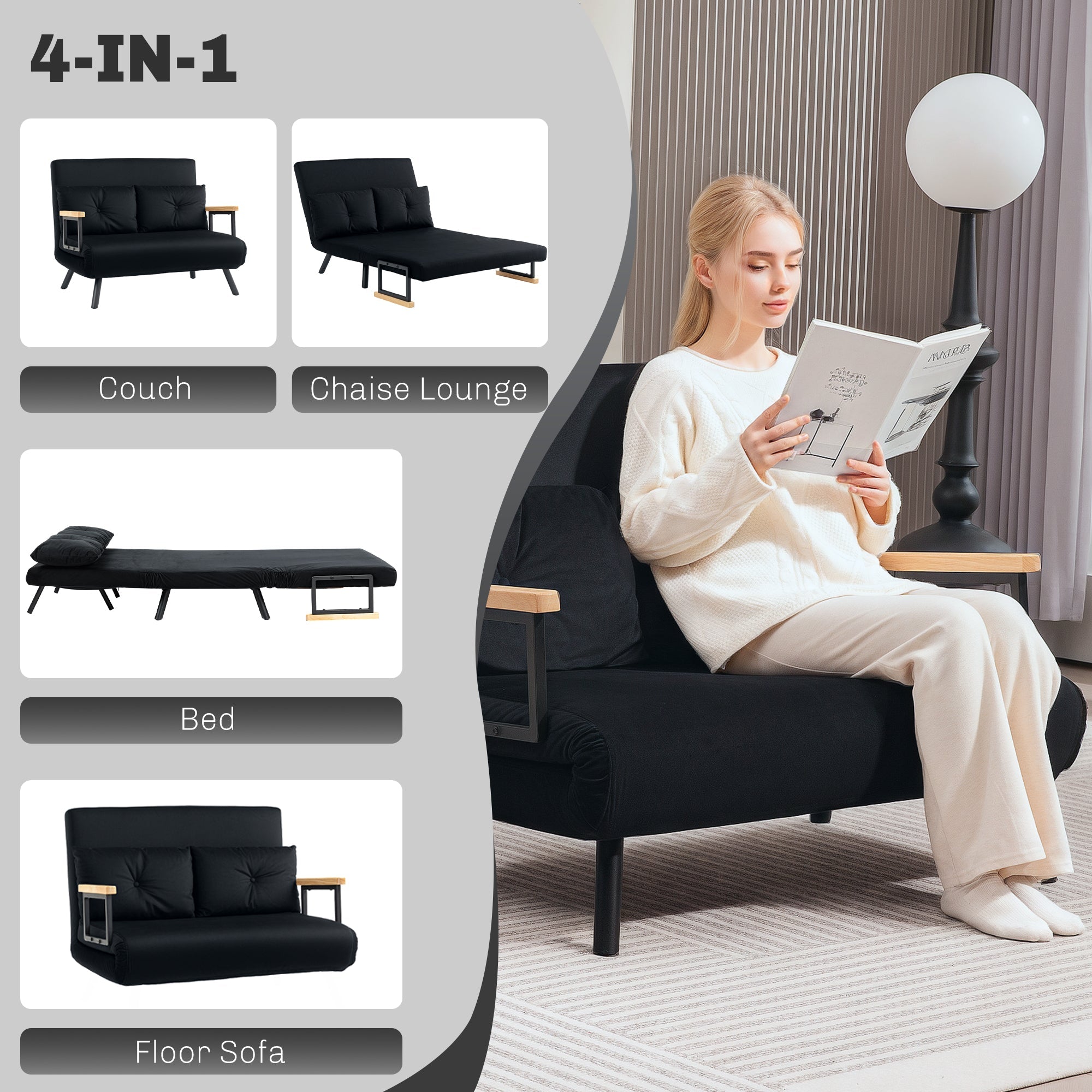 HOMCOM 4-in-1 Velvet-Feel Double Sofa Bed, with Pillows - Black