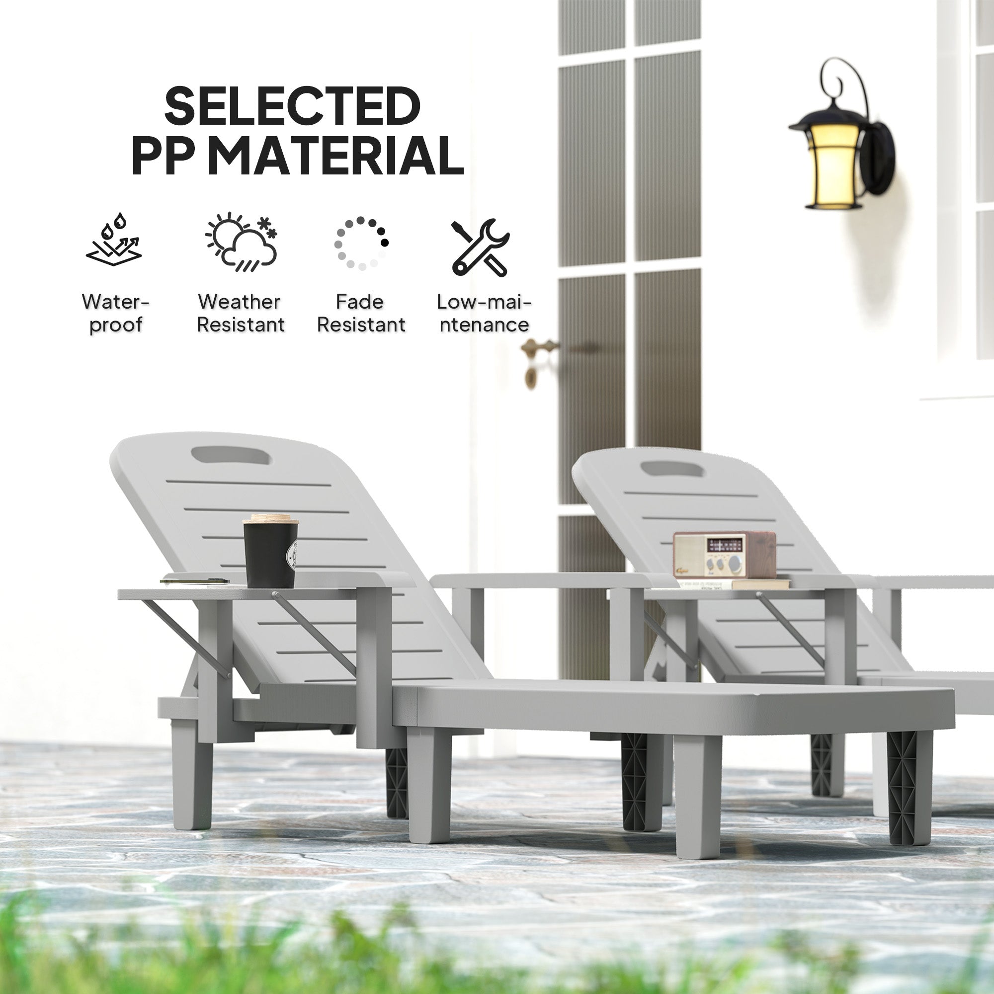 Outsunny Set of 2 Resin Reclining Sun Loungers for Garden, 5 Positions Adjustable Outdoor Chaise Lounge Chairs with Wood Texture Surface, Armrests, Foldable Side Table for Garden, Beach, Light Grey