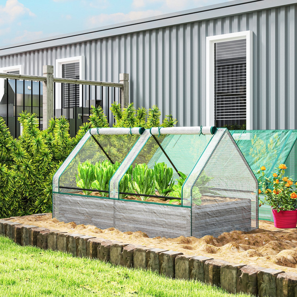 Outsunny Metal Planter Box with Cover, Raised Garden Bed with Greenhouse, for Herbs and Vegetables, White and Dark Grey