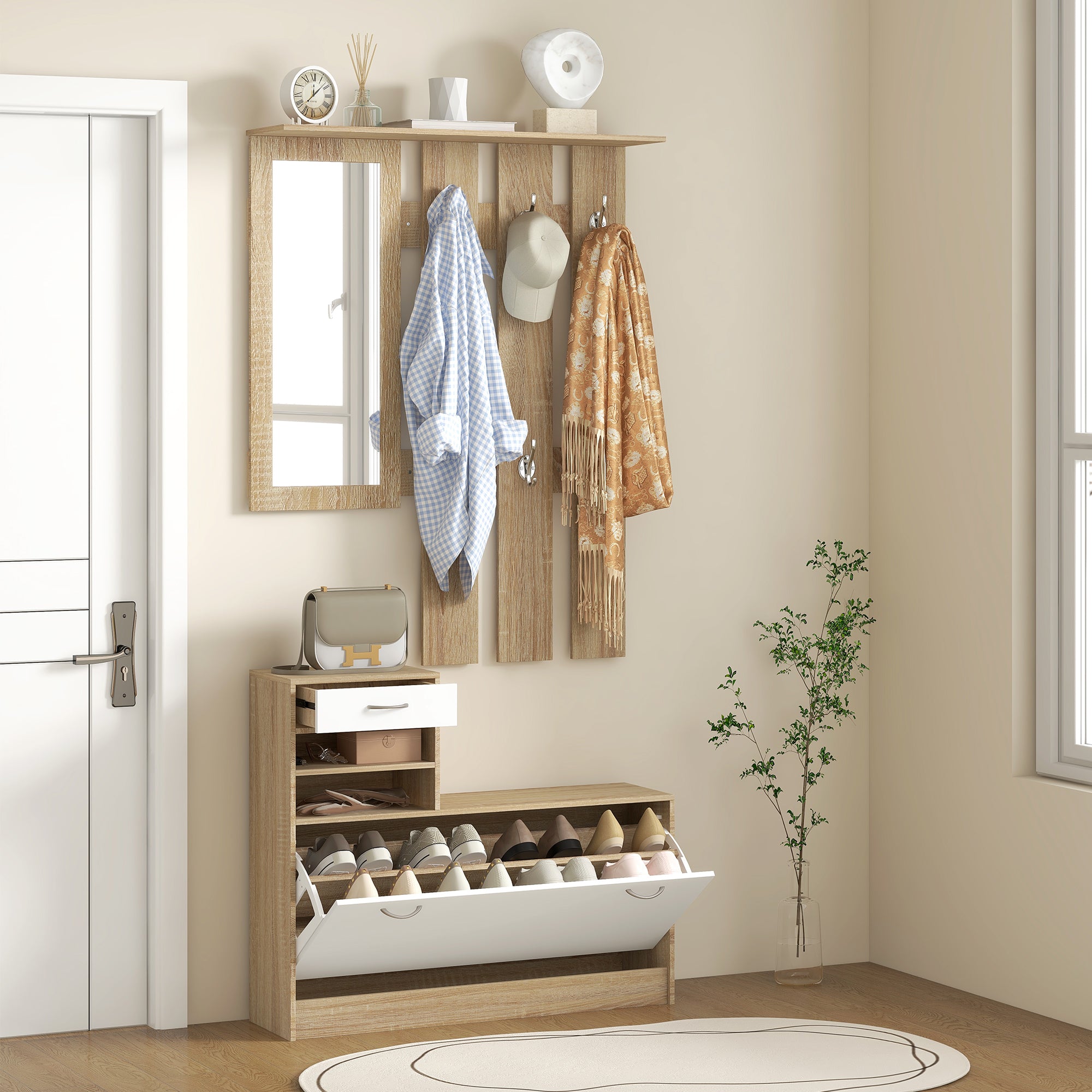 HOMCOM Three-in-One Hallway Storage Set - Natural Wood Finish/White
