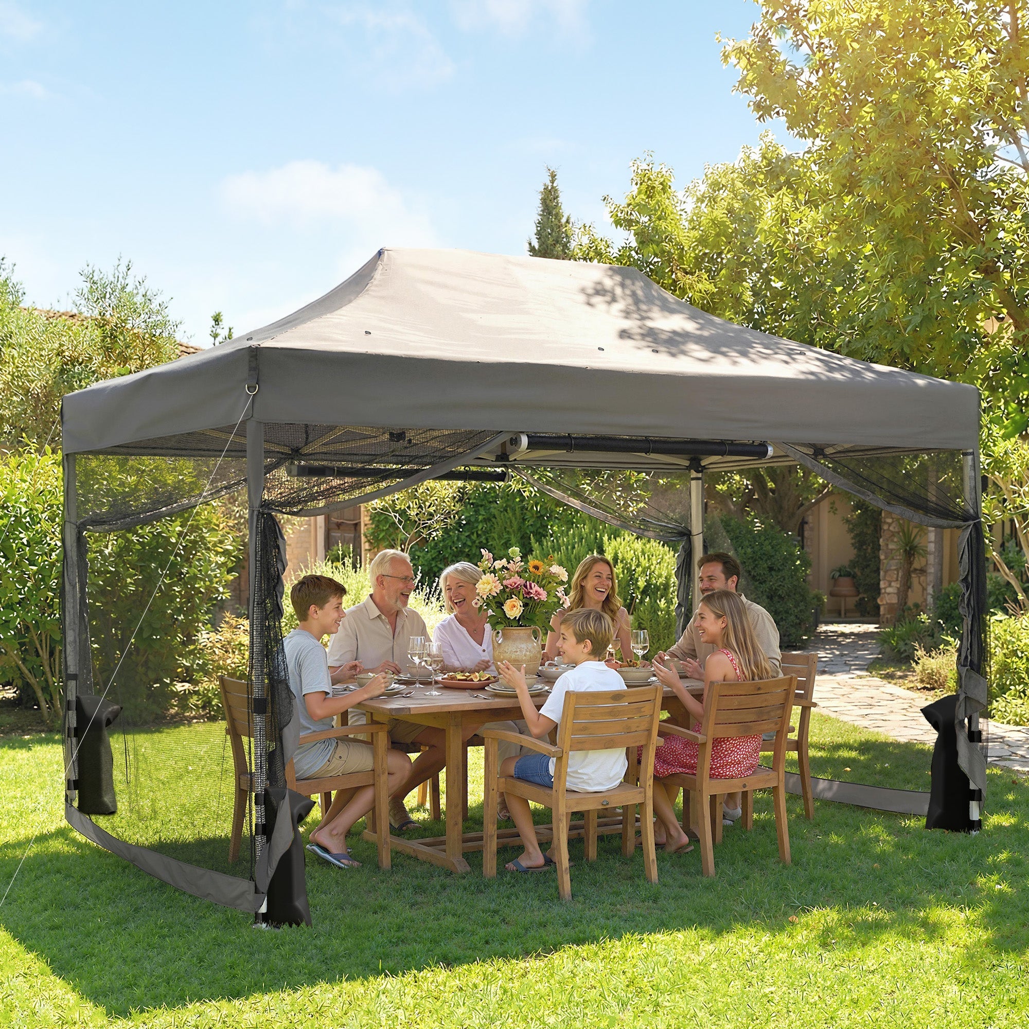 Outsunny 3 x 4.5 m Pop Up Gazebo with Mesh Nettings, UPF50+ Heavy Duty Outdoor Garden Party Tent Marquee, Dark Grey