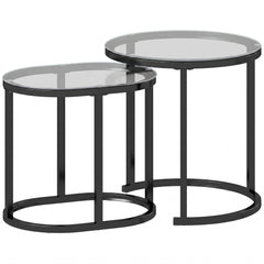 HOMCOM Nest of Tables with Steel Frame and Tempered Glass Tabletop, Modern Coffee Table Set of 2, Black