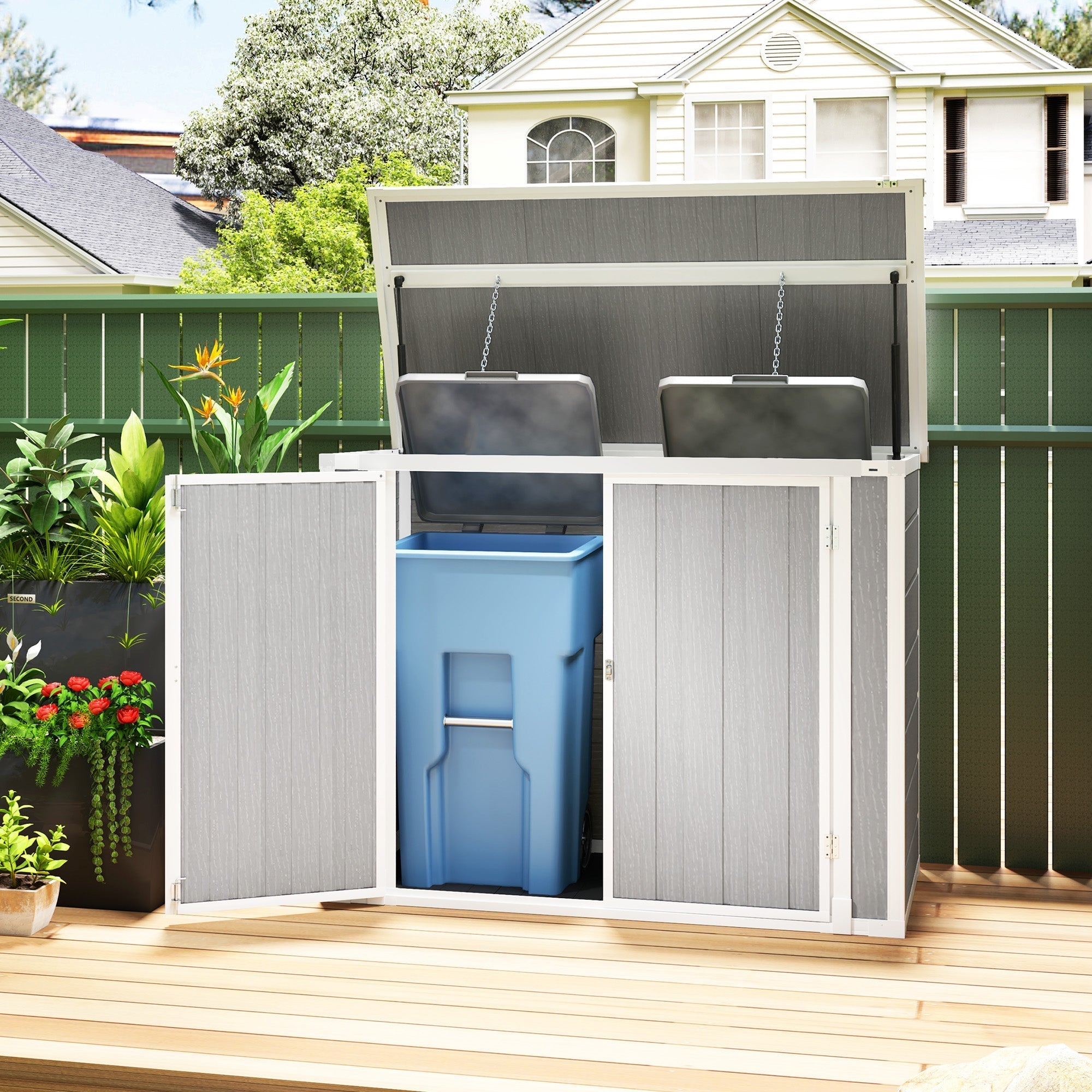 Outsunny 4.7 x 2.5FT Garden Shed, Lockable Outdoor Storage with Openable Lid, Small Shed for 2 Trash Cans, Tools, Patio, Light Grey