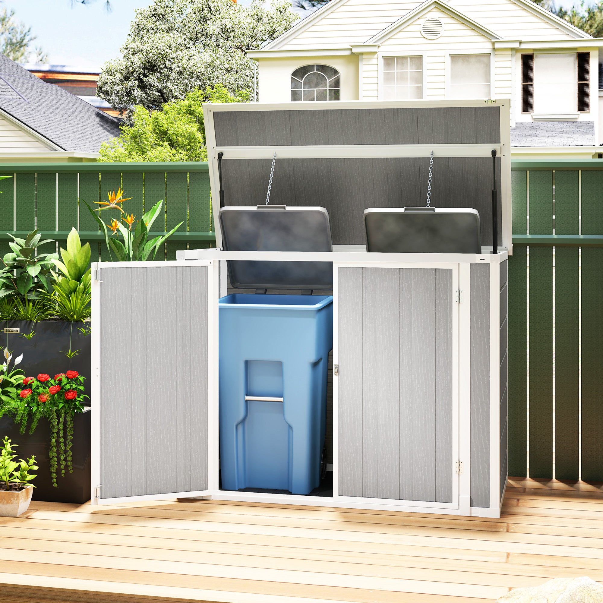 Outsunny 4.7 x 2.5FT Garden Shed, Lockable Outdoor Storage with Openable Lid, Small Shed for 2 Trash Cans, Tools, Patio, Light Grey