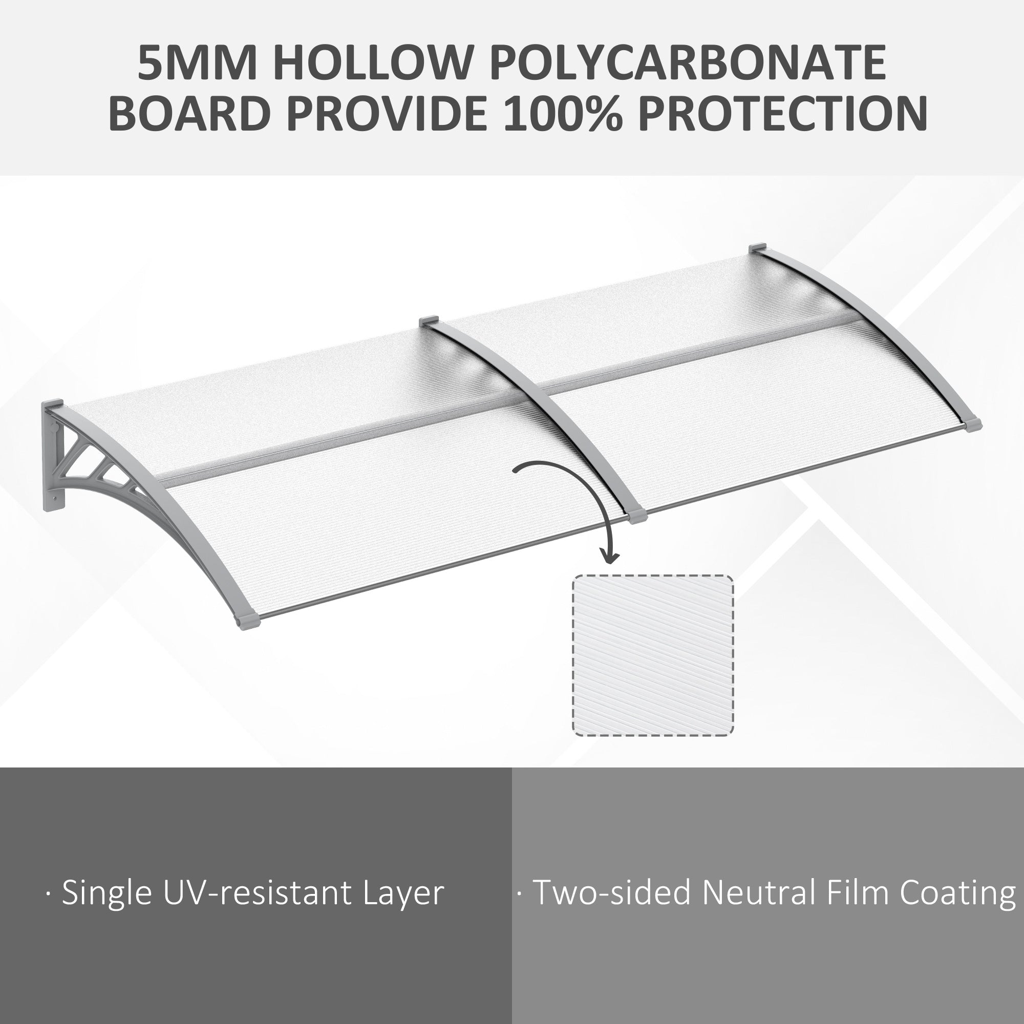 Outsunny Front Door Canopy Outdoor Awning Aluminium Rigid Plastic Polycarbonate Rain Shelter UV Water Rain Resistant 196 x 75cm Clear
