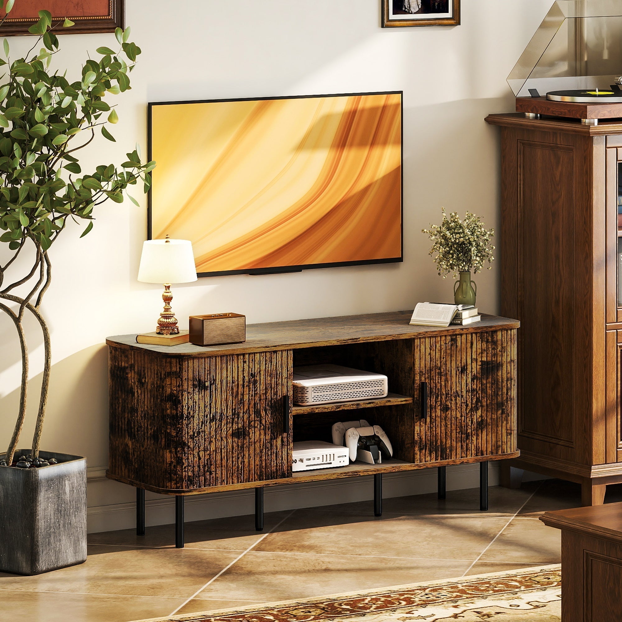 HOMCOM TV Stand Cabinet for TVs up to 55 Inches, TV Unit with Storage Shelves and Cupboard for Living Room, Rustic Brown
