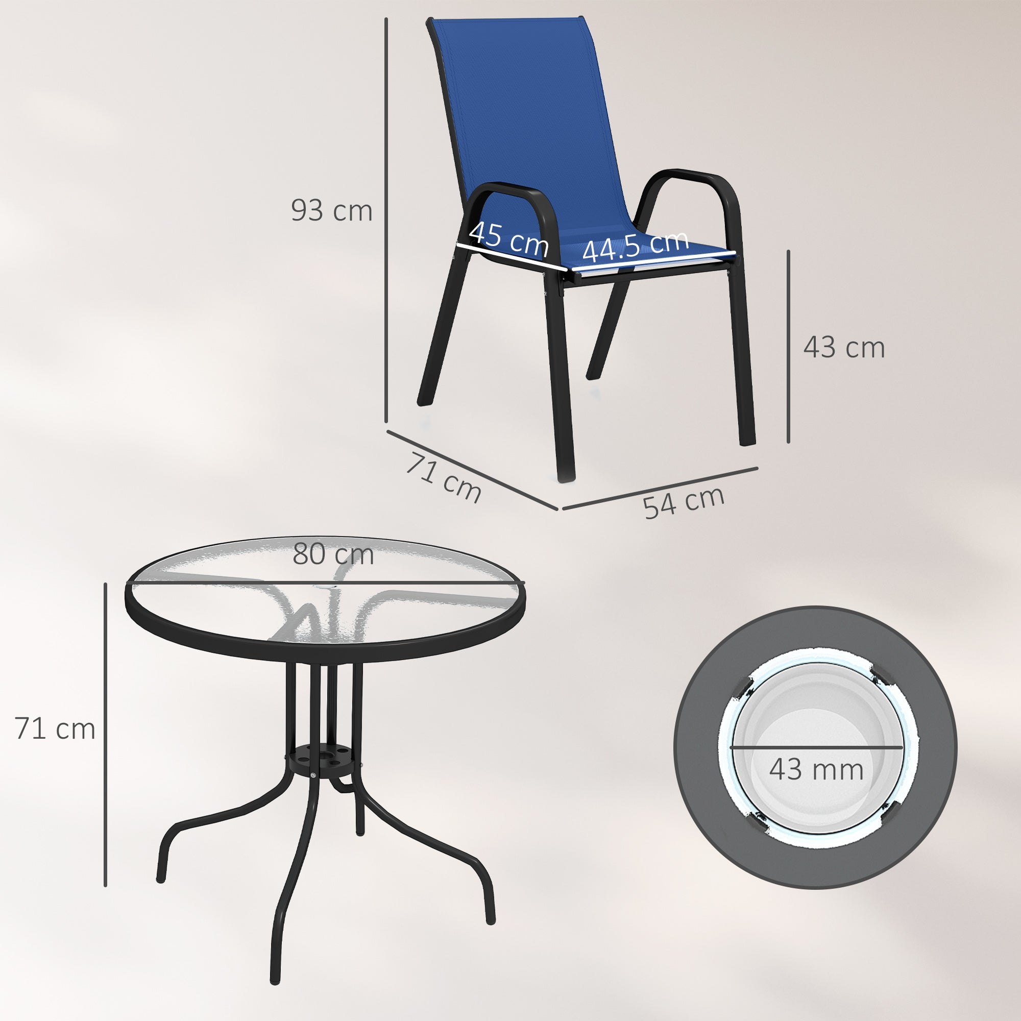 Outsunny Five-Piece Steel Patio Set, with Glass-Top Table - Dark Blue