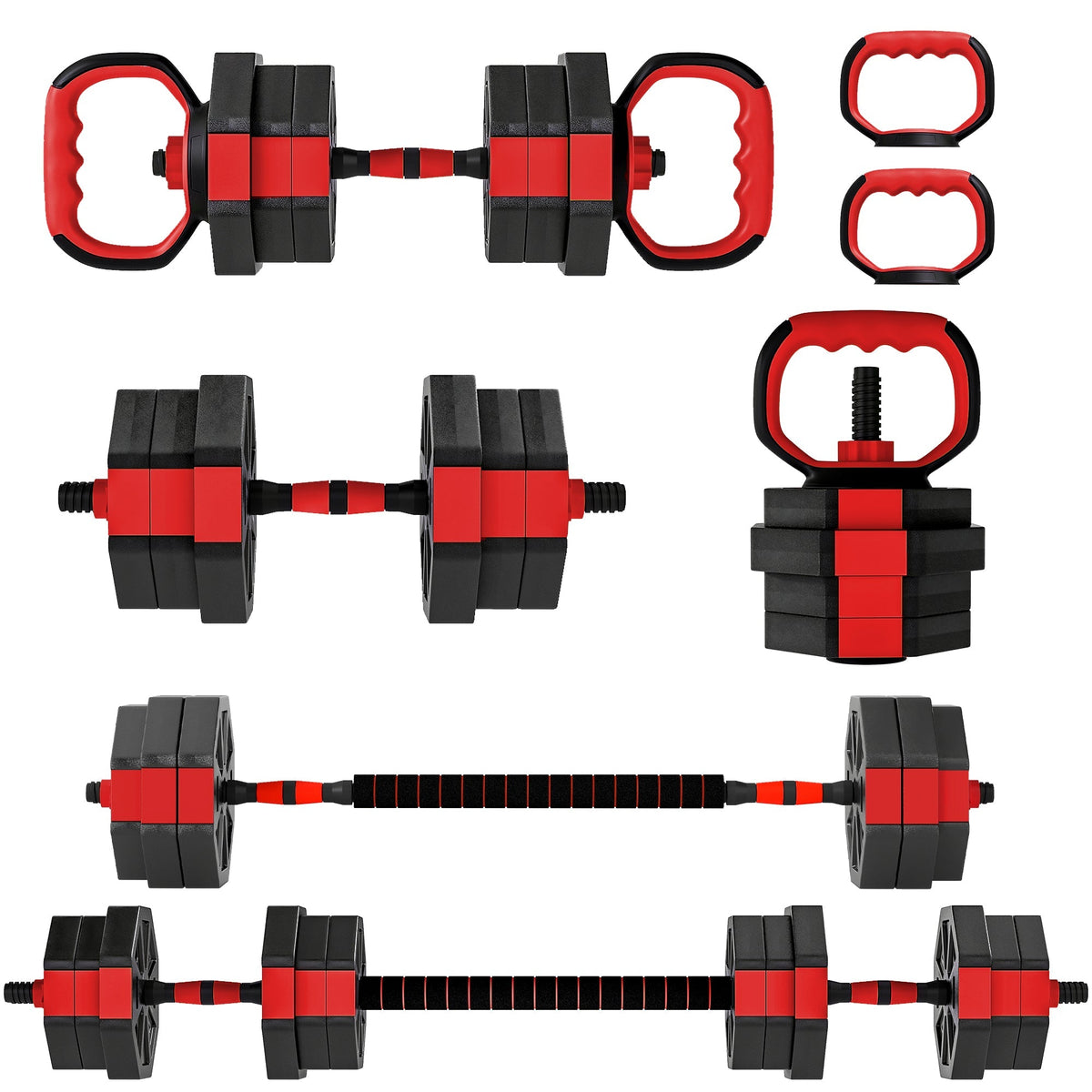 SPORTNOW 6-in-1 Adjustable Weight Dumbbells Set, Used as Kettlebell, Barbell, Dumbbell, Push-Up Stand, 20kg Free Weights Set for Men and Women Home Gym Training, Red