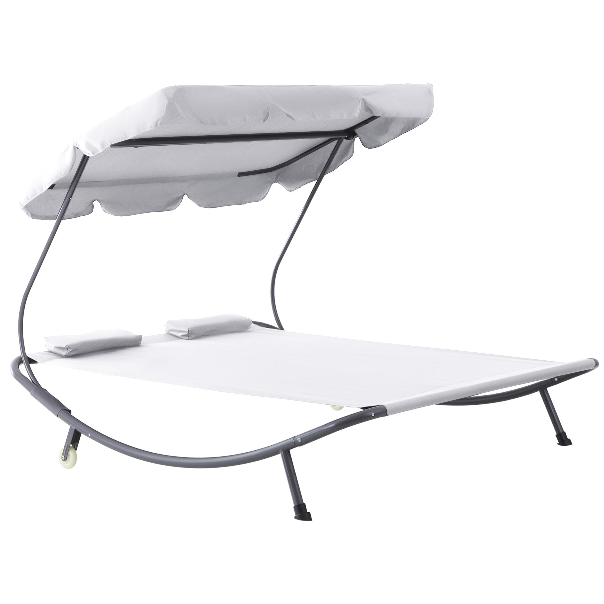 Outsunny Double Sun Lounger with Adjustable Detachable Canopy, Portable Garden Daybed for 2 with Wheels, Outdoor Sunbed Hammock with 2 Pillows, 220 KG Max. Load, White