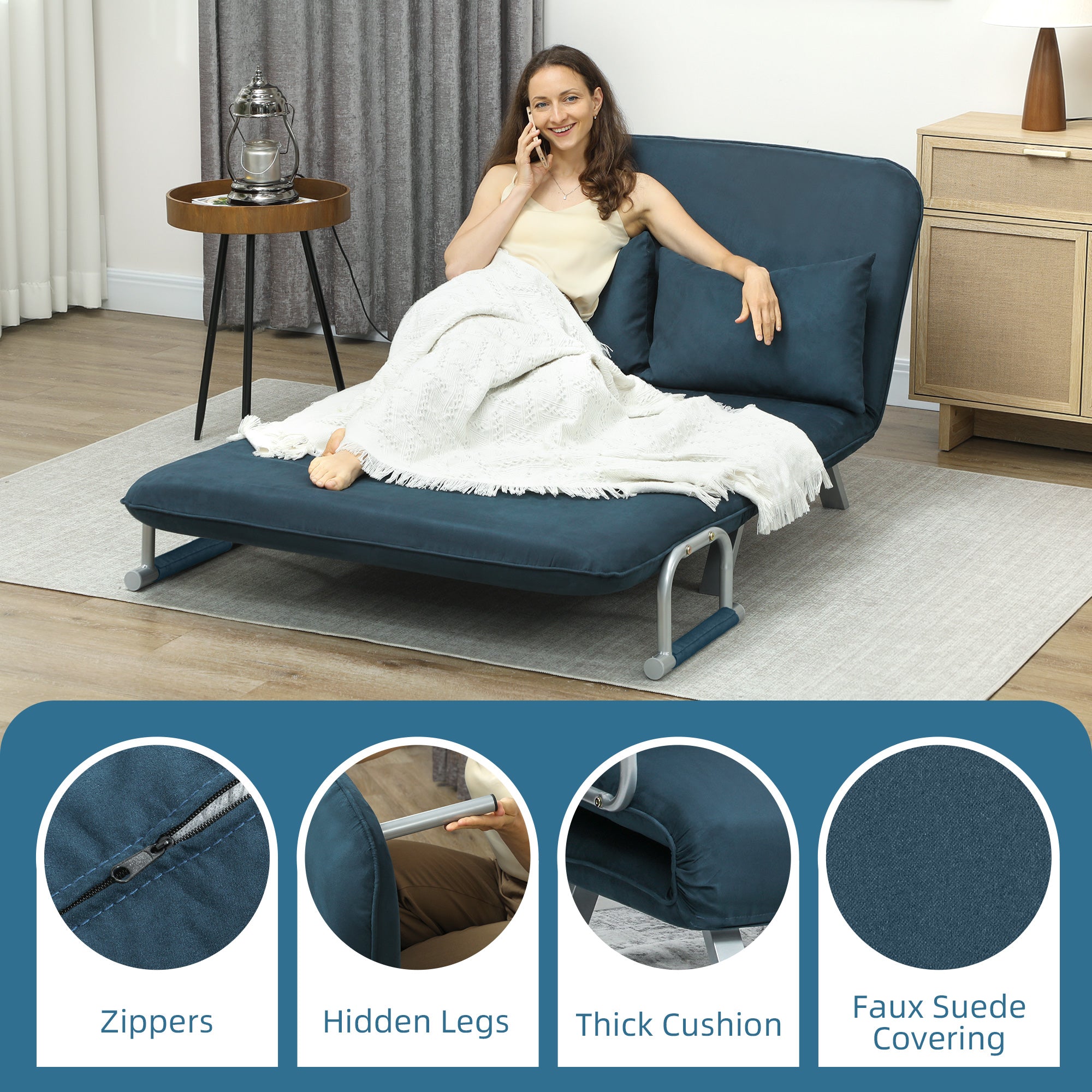 HOMCOM Two-Seater Click-Clack Sofa Bed - Navy Blue