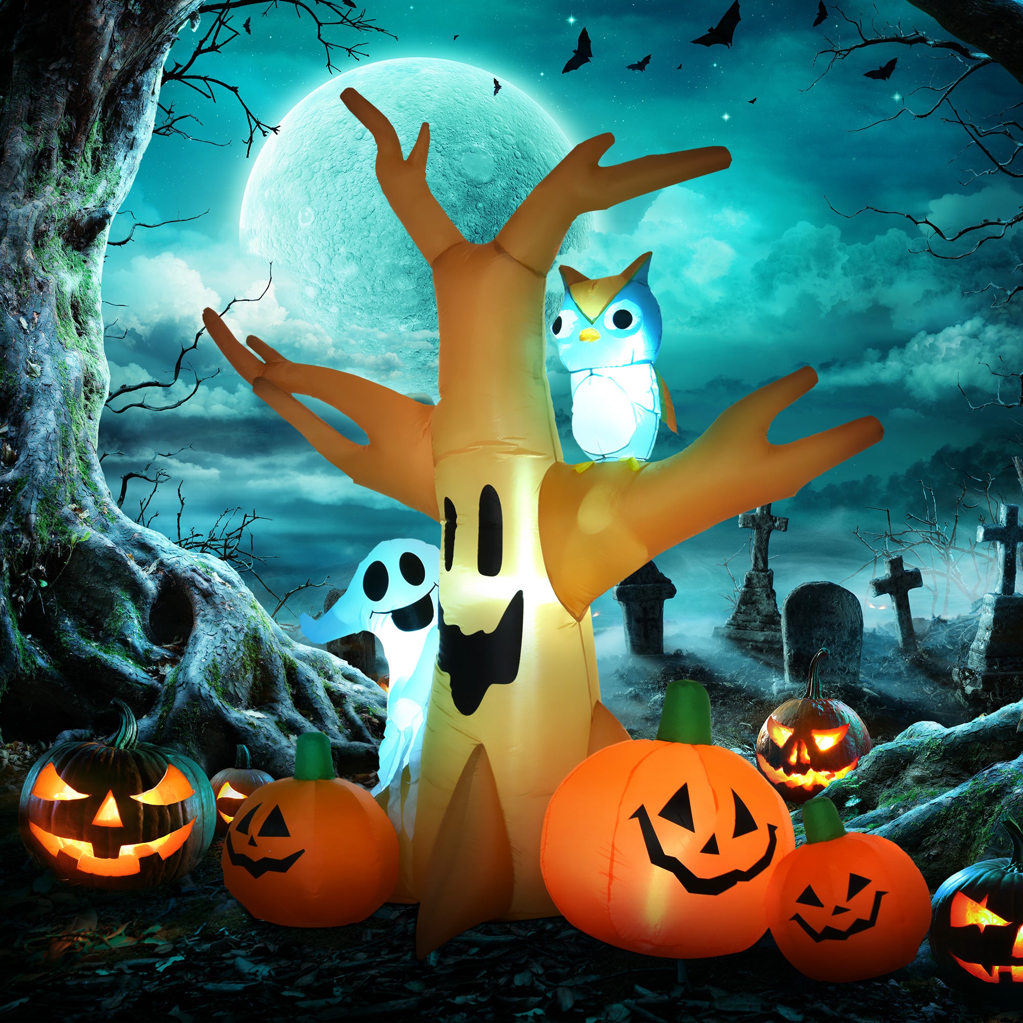 HOMCOM 240cm Large Halloween Scary Lighting Inflatable Tree Ghost 3 Pumpkins Owl 4 LED Indoor Outdoor Holiday Decoration