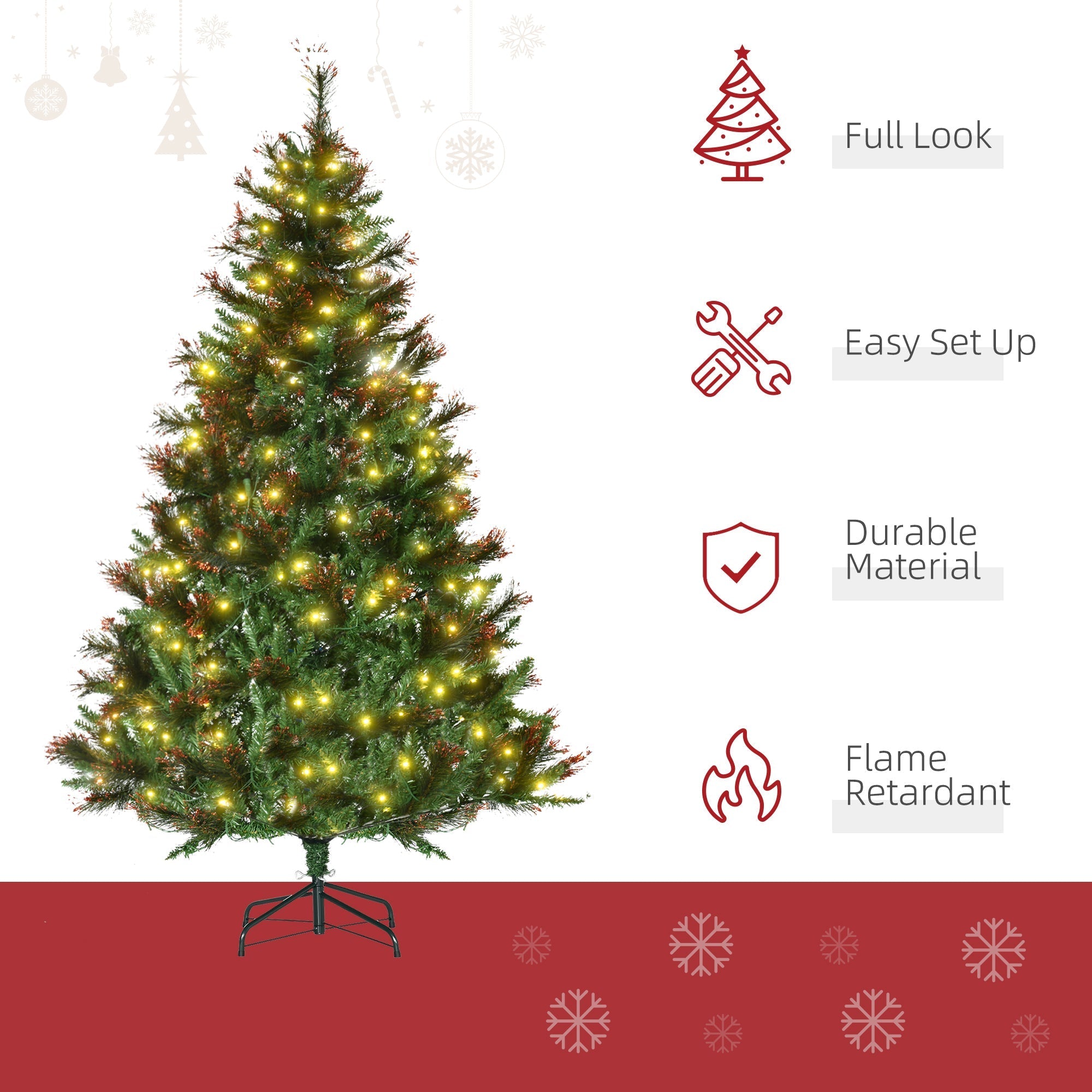 HOMCOM 1.8m 6ft Pre-Lit Christmas Tree Artificial Spruce Xmas Tree Warm White LED Holiday Decor with Metal Stand