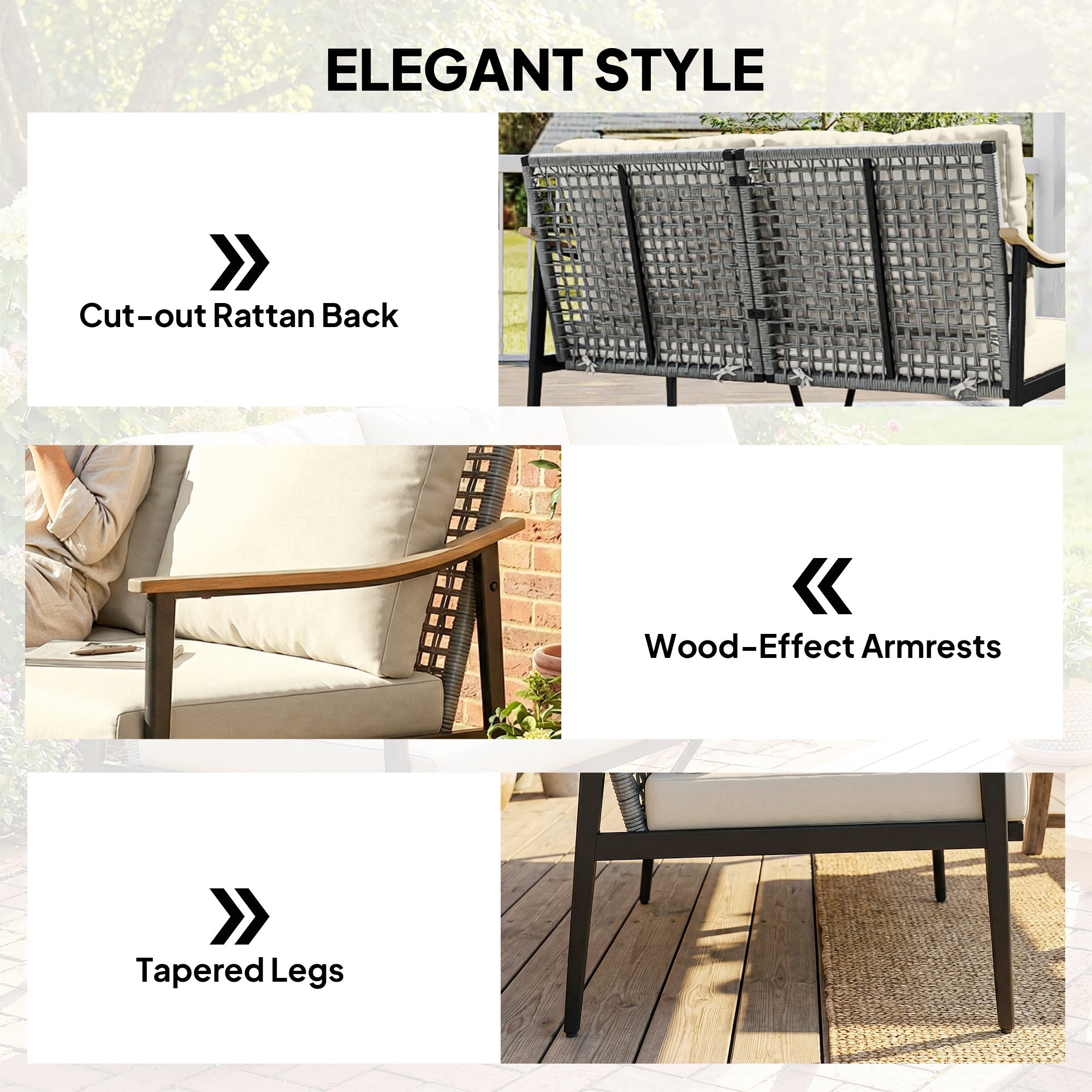 Outsunny 2 Seater Rattan Sofa, Outdoor Garden Sofa with Wood-Effect Armrests, Cushions for Patio, Balcony, Khaki