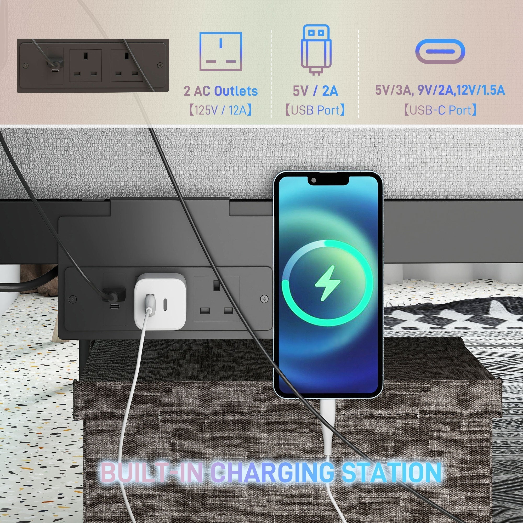 HOMCOM Double Bed Frame with LED Lights and Charging Station, Metal Platform Bed Frame with Under Bed Storage, Black