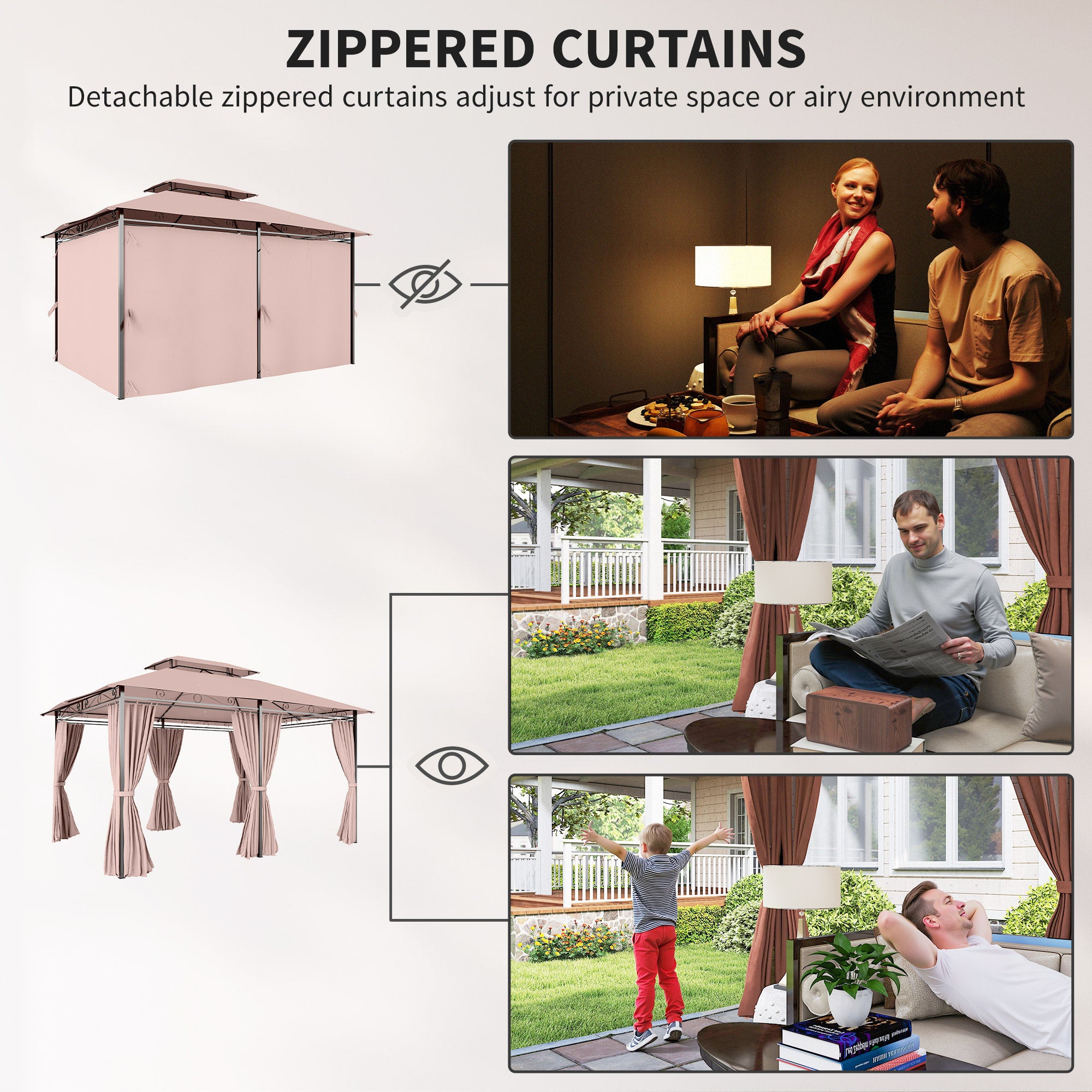 Outsunny 4m x 3(m)Garden Gazebo, Double Roof Outdoor Gazebo Canopy Shelter with Curtains, Solid Steel Frame for Patio, Garden, Brown