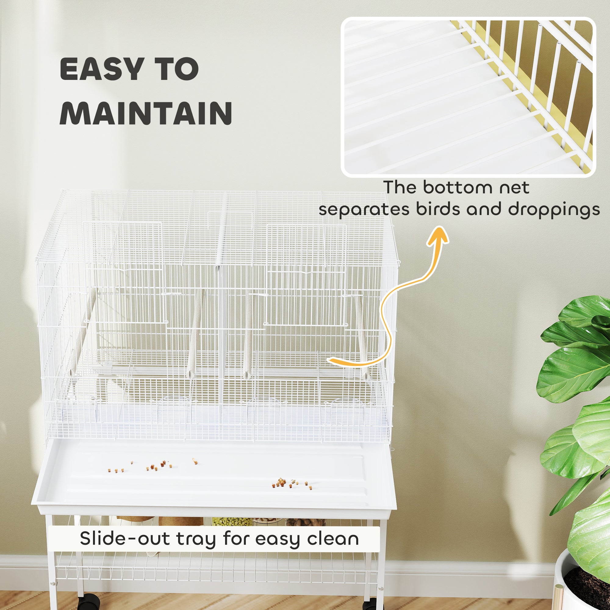 PawHut Bird Cage with Divider, 4 Wooden Perches, Slide Out Tray, 4 Feeders, for Budgie, Lovebird, Canary, 76 x 46 x 116cm White