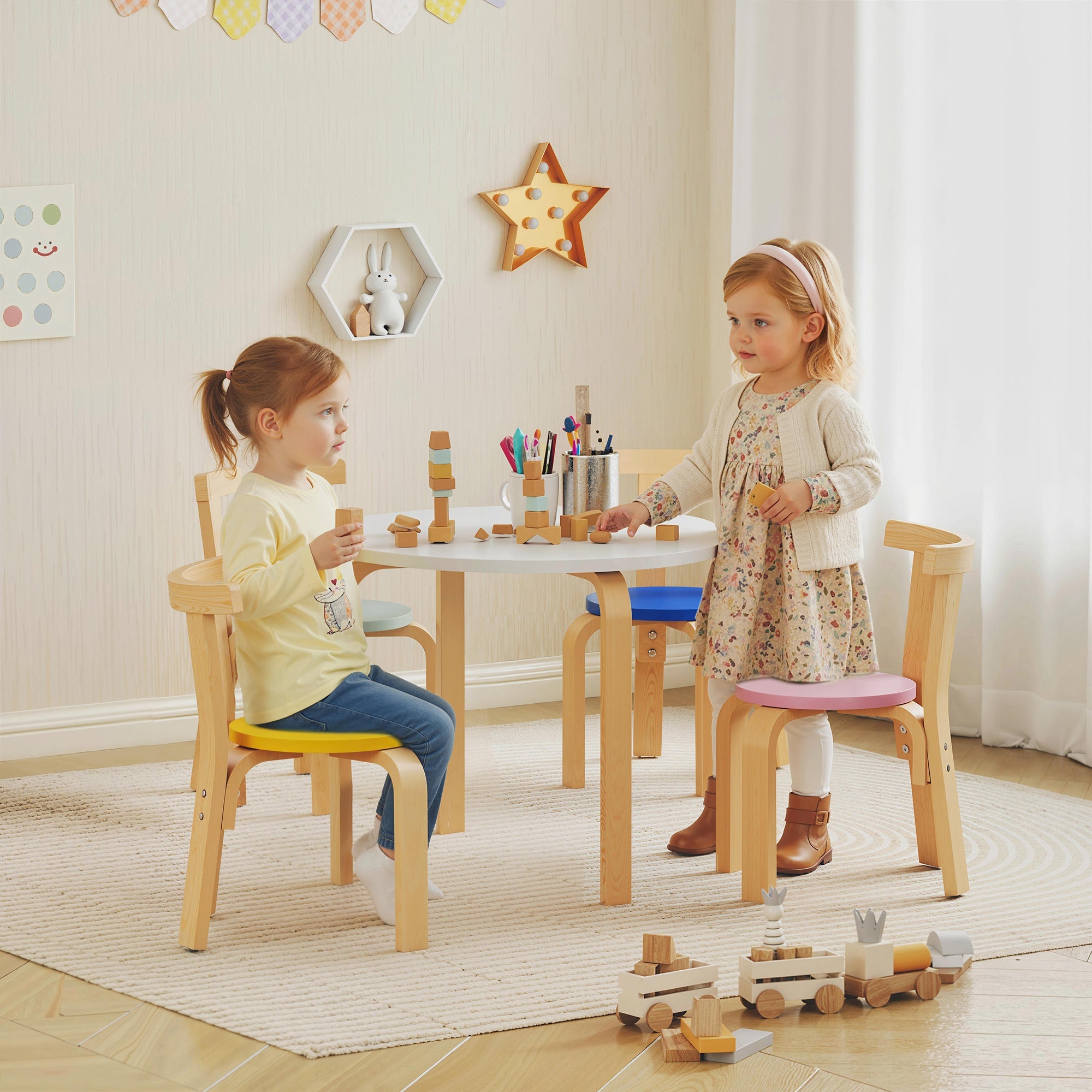 AIYAPLAY 5 Piece Kids Table and Chairs Set, Wooden Toddler Table and Chairs Set for Nursery, Playroom, Classroom, for 3-8 Years