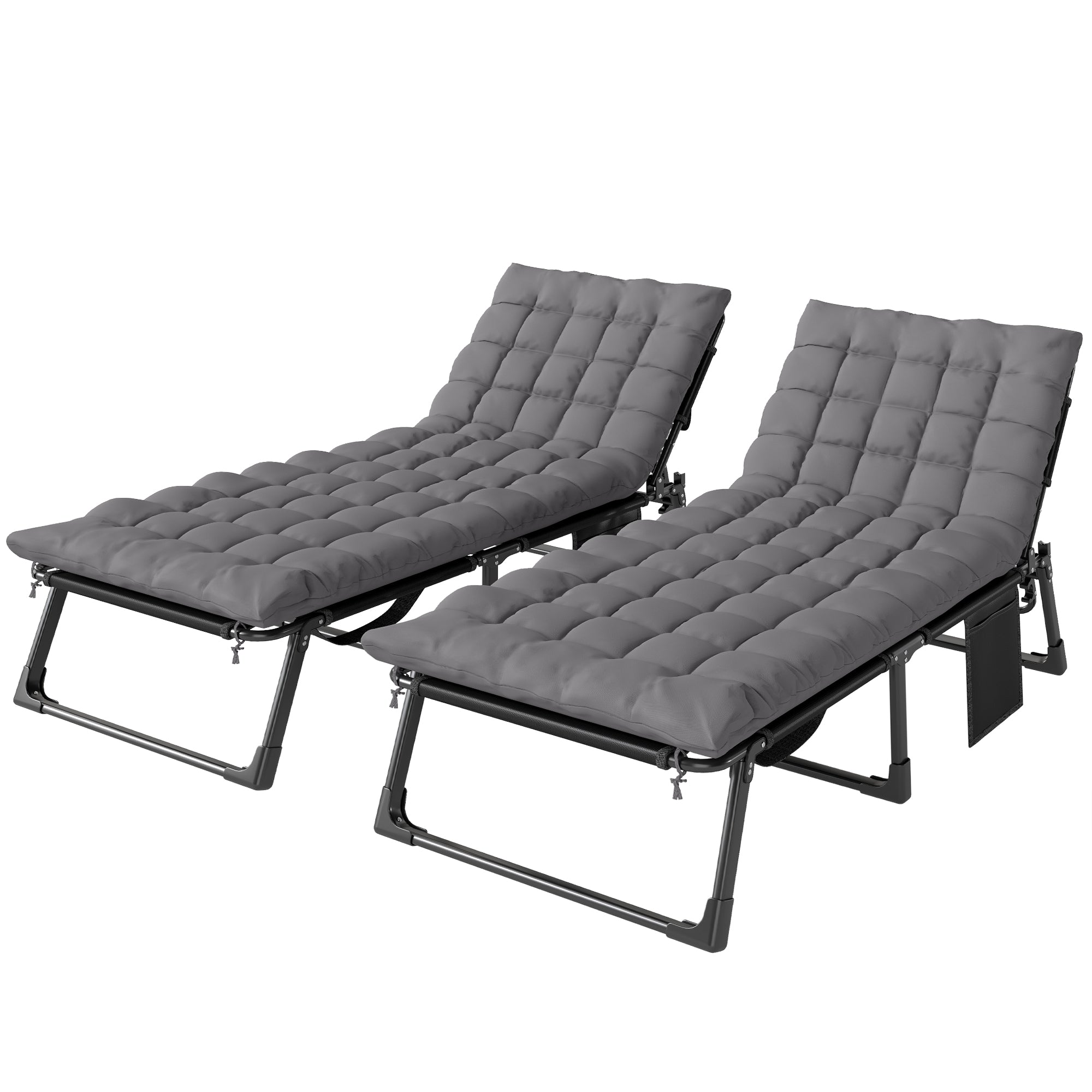 Outsunny Folding Sun Loungers for Garden Set of 2, 5-Position Oversized Camping Bed Recliner with Cushions, Dark Grey