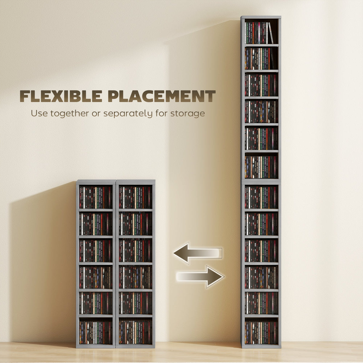 HOMCOM Set of 2 CD Media Display Shelf Unit Tower Rack with Adjustable Shelves, Light Grey