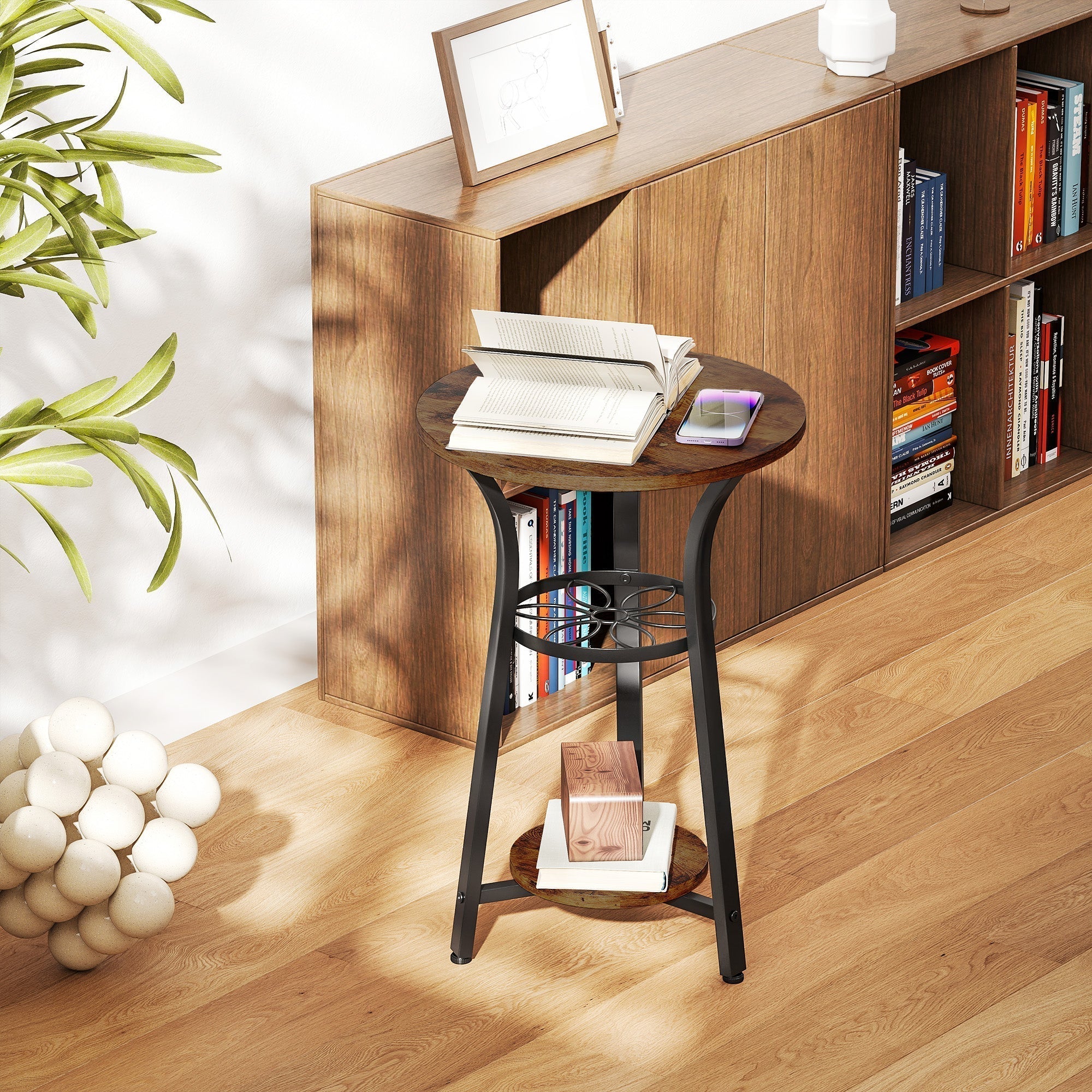 HOMCOM Small Round Side Table with 3 Storage Shelves - Rustic Brown