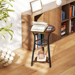 HOMCOM Small Round Side Table with 3 Storage Shelves - Rustic Brown