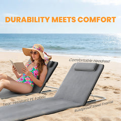 Outsunny Set of 2 Foldable Garden Beach Chair Mat Lightweight Outdoor Sun Lounger Seats Adjustable Back Metal Frame PE Fabric Head Pillow w/ Carry Bag,Grey