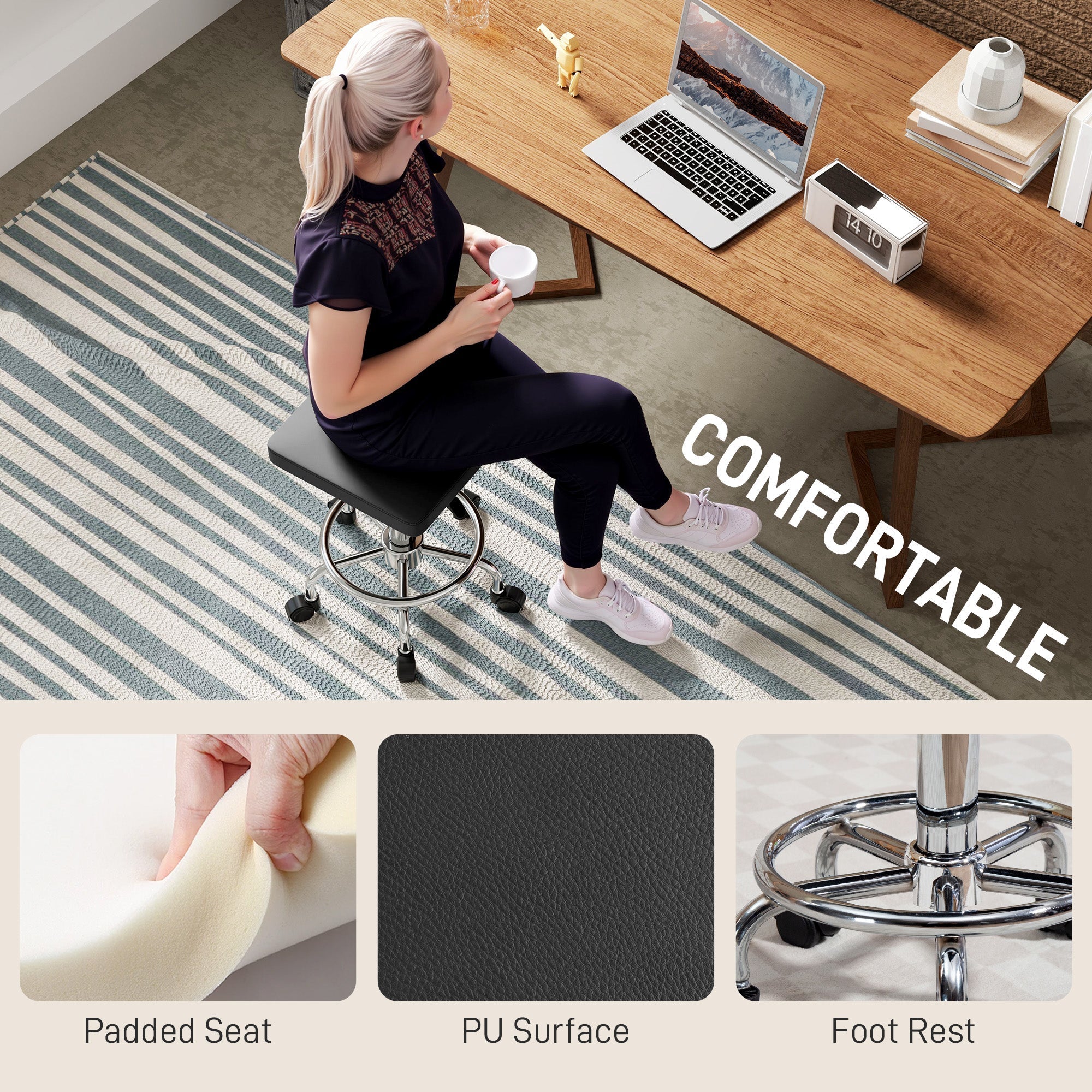 HOMCOM Faux Leather Padded Salon Stool - Black