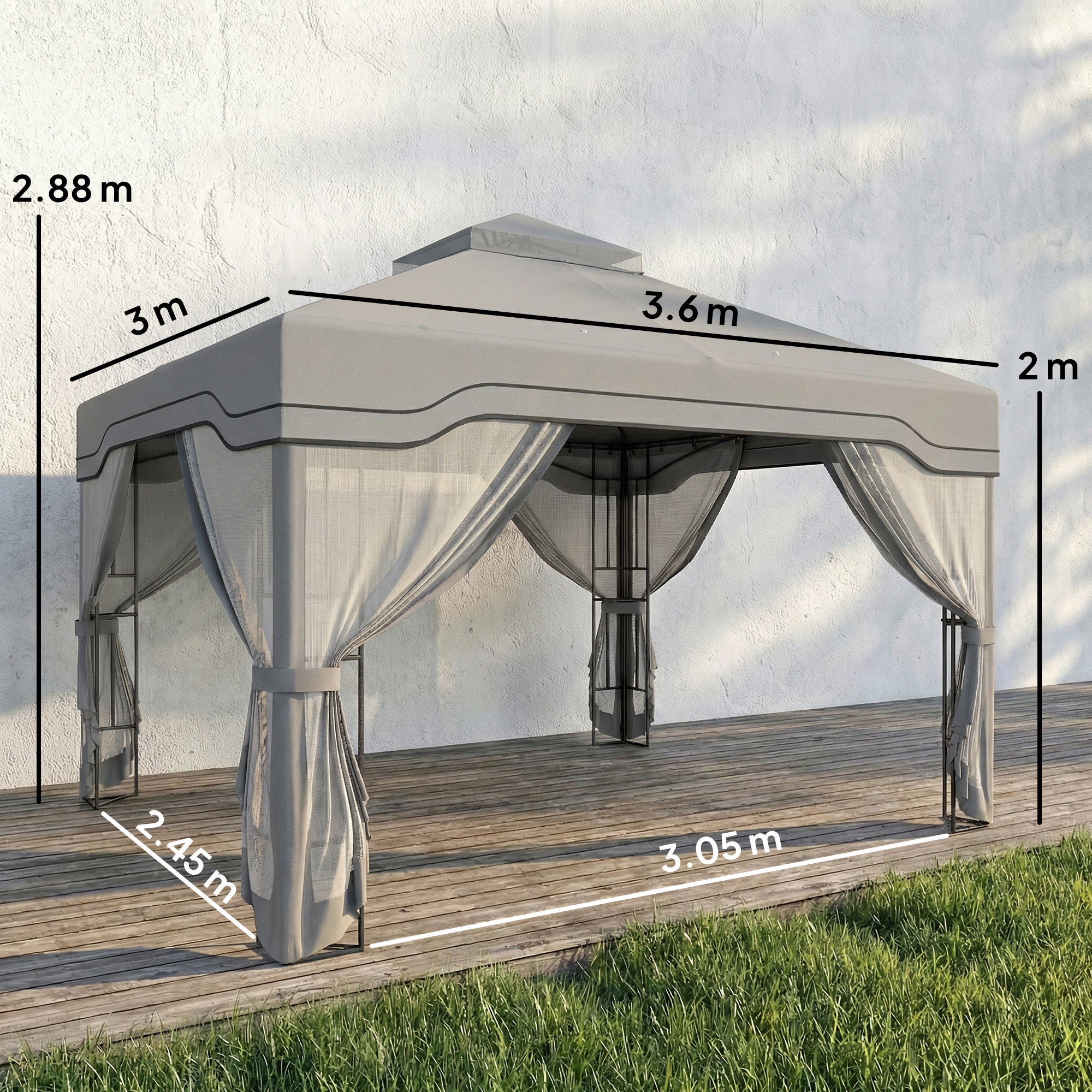 Outsunny 3 x 3.6 m Outdoor Garden Gazebo with Post Shelves, UPF50+ Patio Permanent Pavilion with Hook, Dark Grey