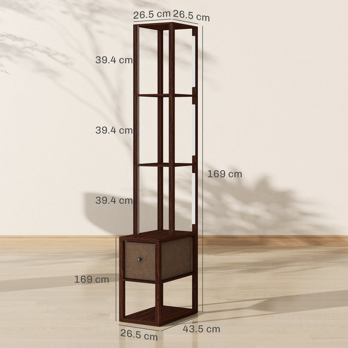 HOMCOM Floor Lamp with Shelves, LED Column Modern Standing Lamp with Fabric Drawer, Adjustable Brightness, Foot Switch for Living Room, Bedroom, Office, Dark Brown