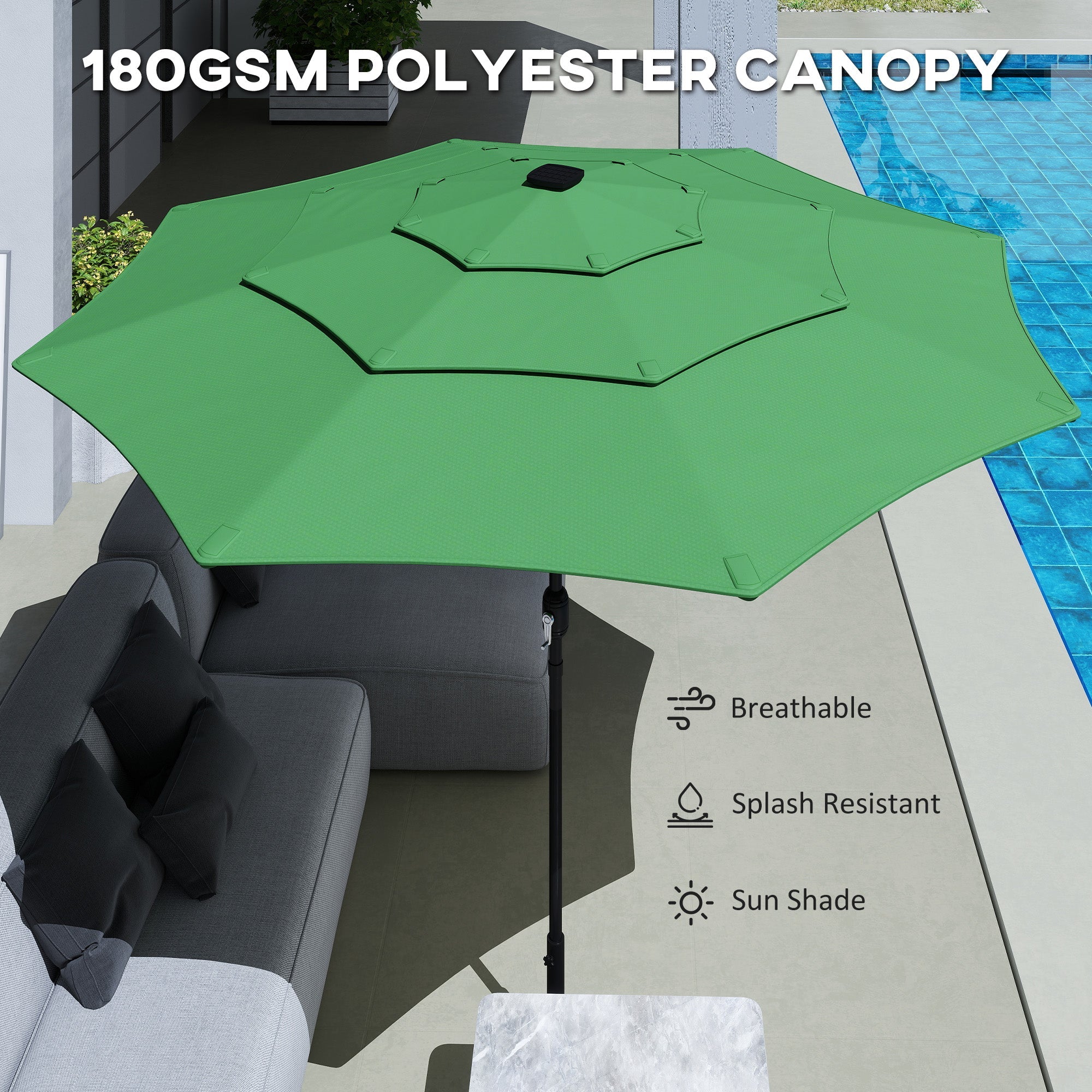Outsunny Garden Parasol, Parasol Umbrella with 3-tier Roof, Crank Handle, Tilt Function, Polyester Canopy, Green