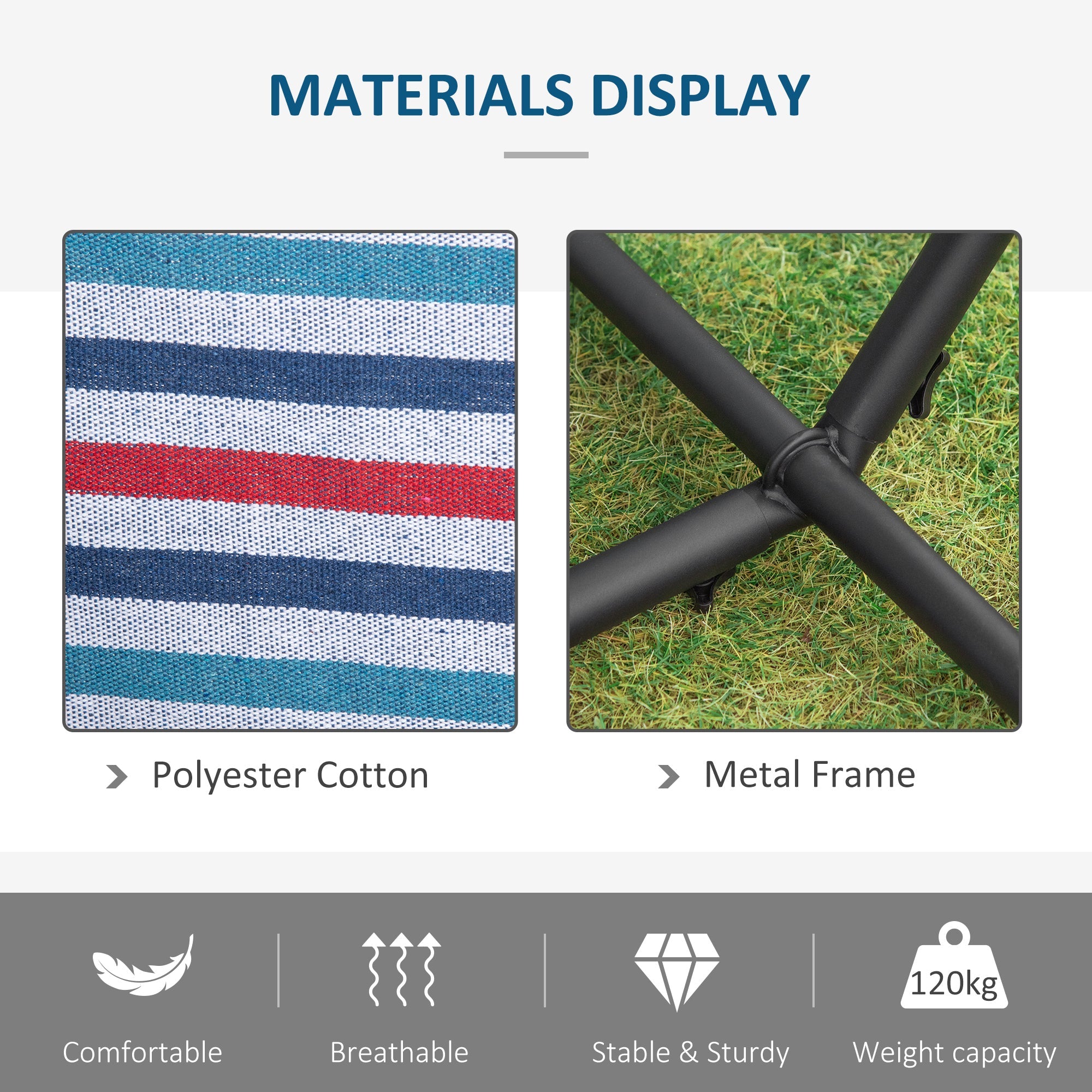 Outsunny 298 x 117cm Hammock with Stand Camping Hammock with Portable Carrying Bag, Adjustable Height, 120kg Load Capacity, Blue and White Stripe