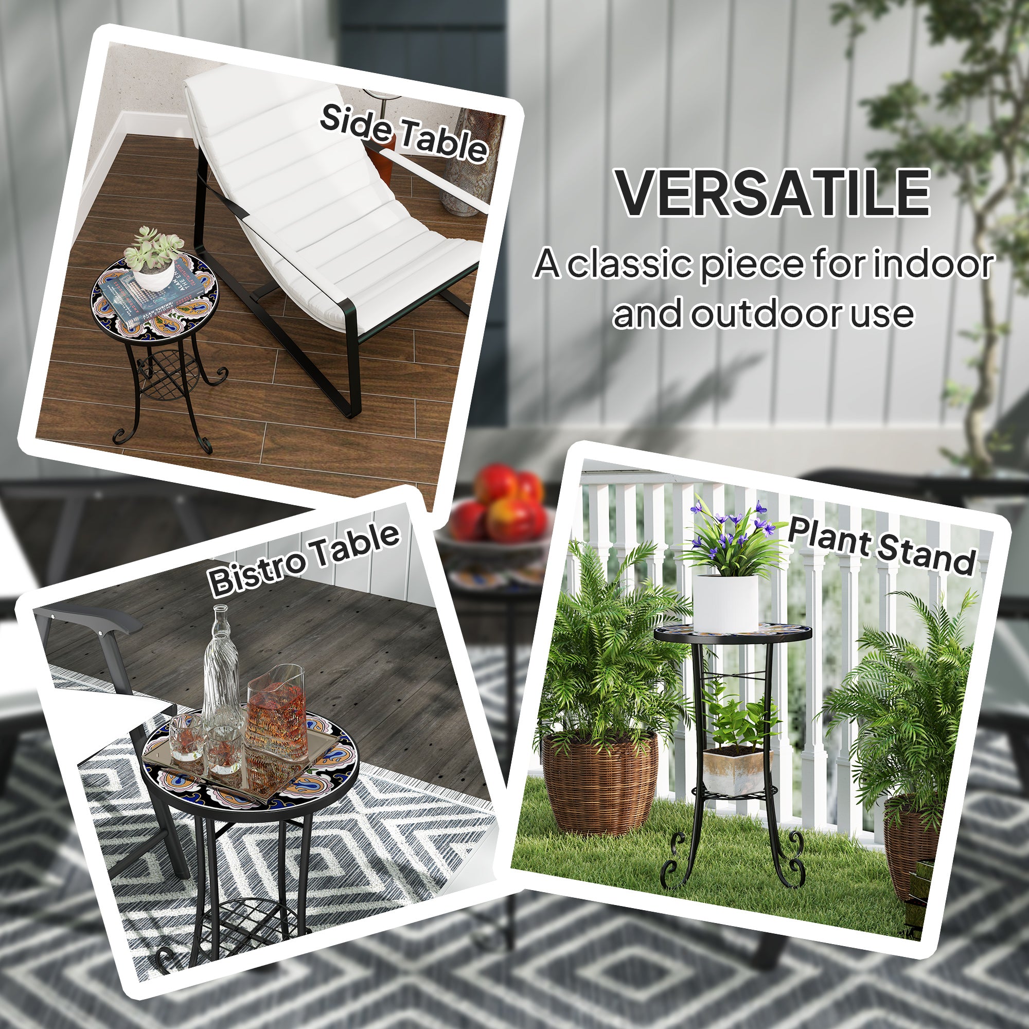 Outsunny Mosaic Garden Table, 35.5 cm Round Outdoor Table with Shelf, Ceramic Tile Top, Small Garden Side Table Bistro Table End Table Plant Stand for Indoor, Patio, Balcony, Orange