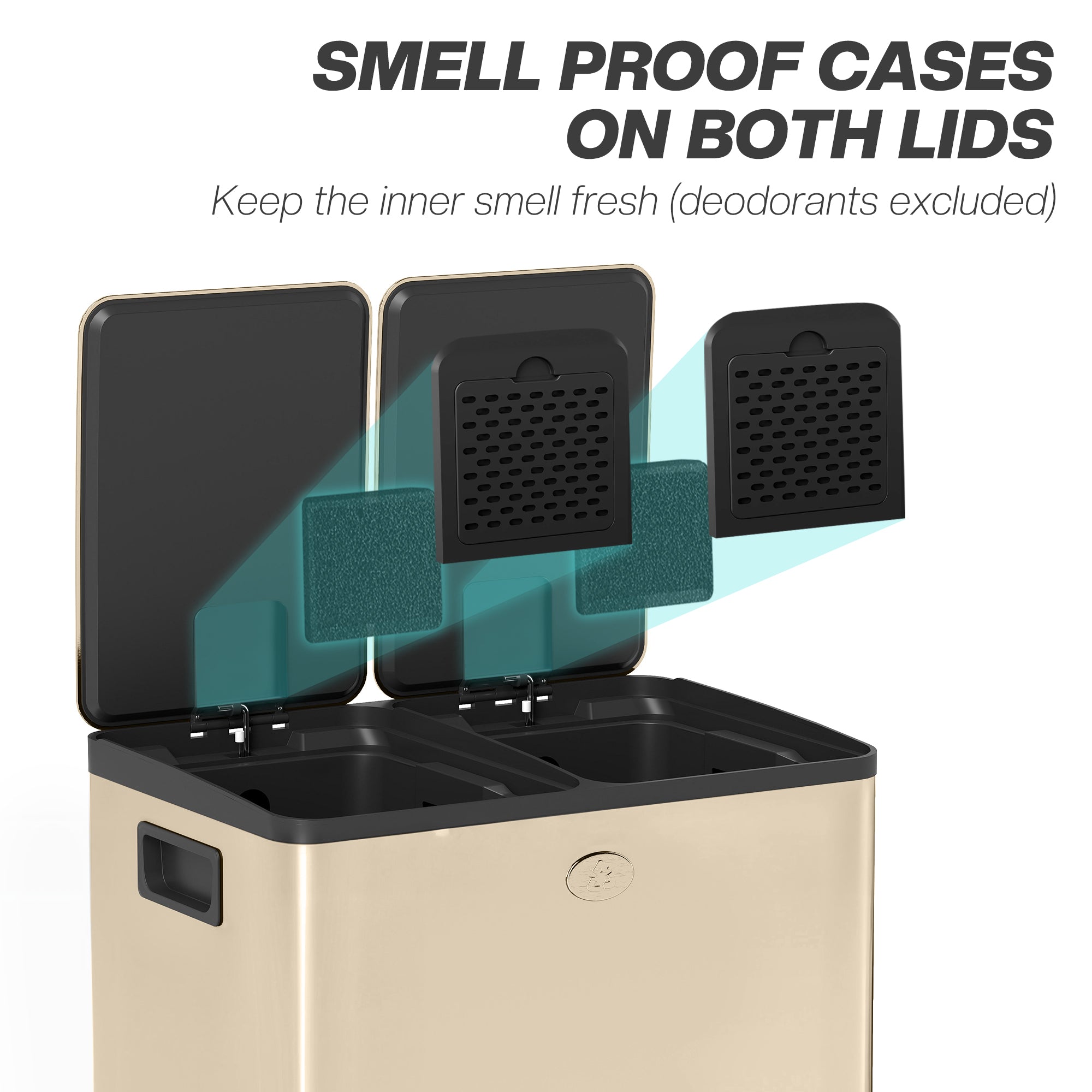 HOMCOM 40L Dual Compartment Stainless Steel Bin, with Deodoriser Holders - Gold Tone