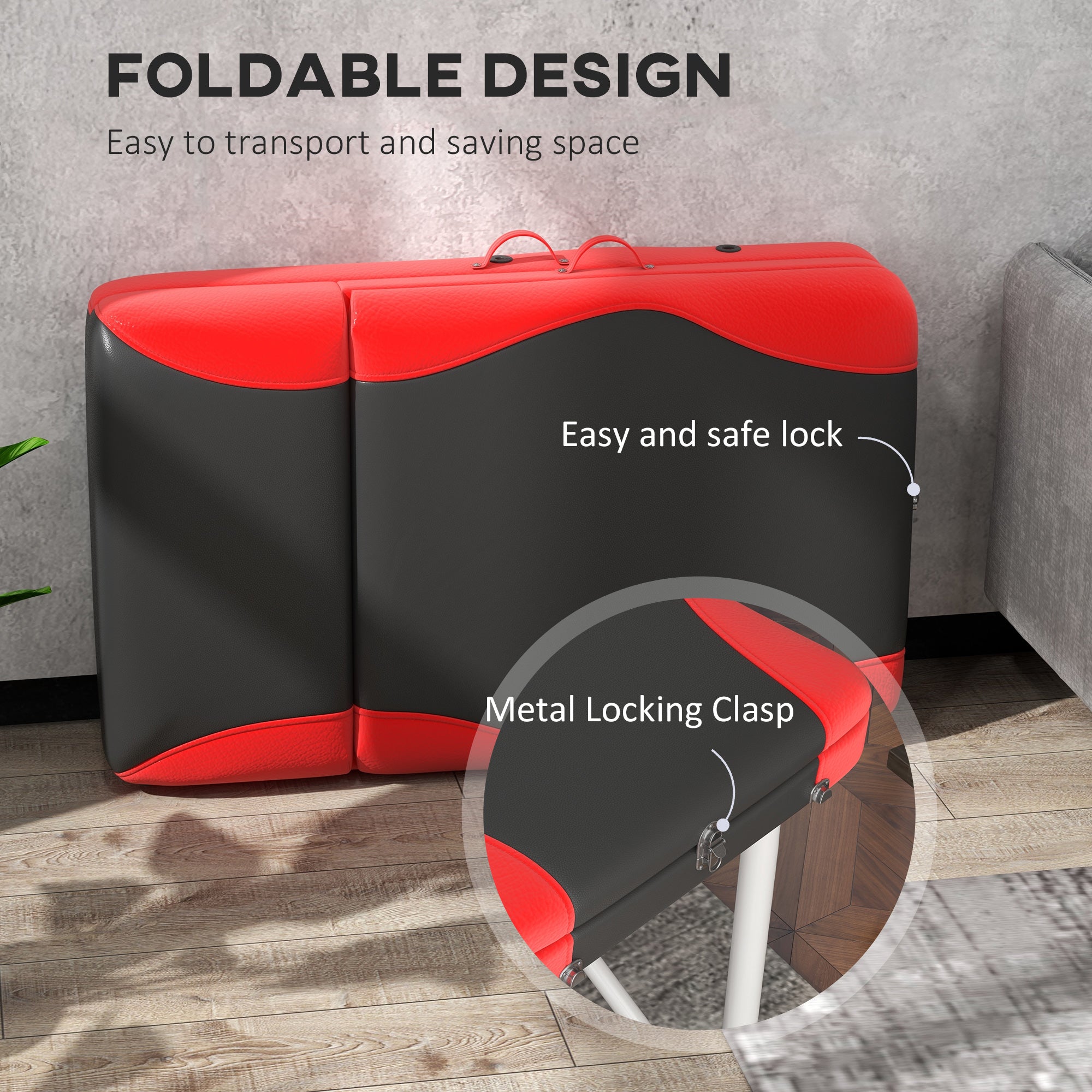 HOMCOM Foldable Massage Bed Portable Table, 3-Section Aluminium Foldable Beauty Couch, Professional Salon Spa Table with Headrest Support and Carry Bag, 60 cm Width, Black and Red