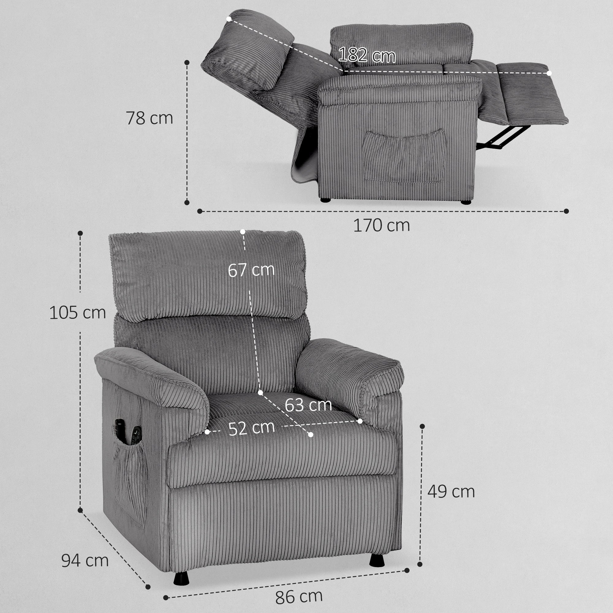 HOMCOM Corduroy Electric Massage Recliner - Grey