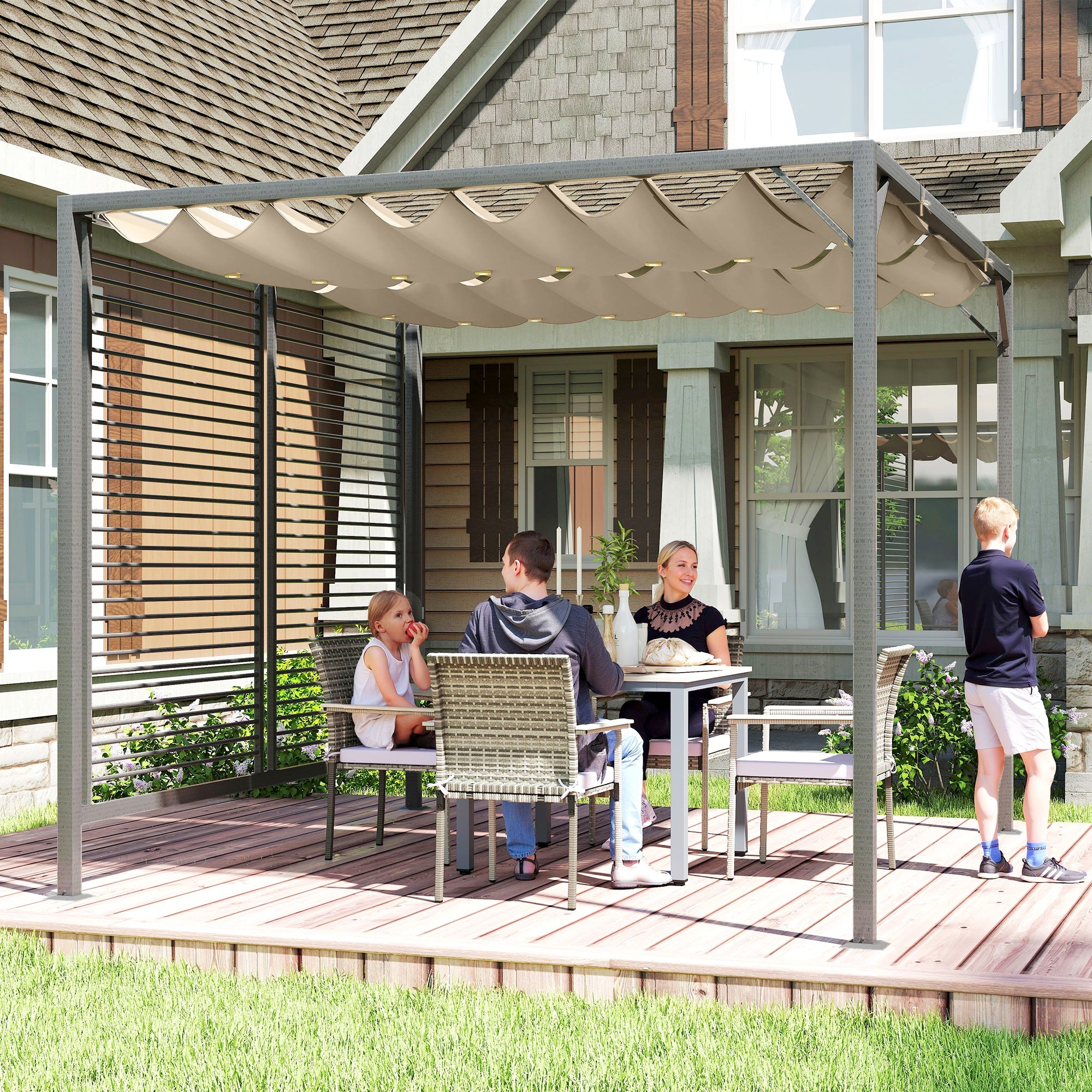 Outsunny 3 x 2.8m Metal Pergola, with Retractable Fabric Roof - Beige
