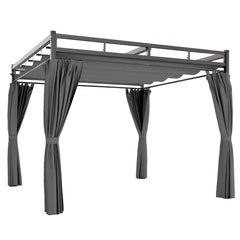 Outsunny 3 x 3 m Pergola with Retractable Roof Canopy and Curtains, UPF30+ Metal Frame Garden Pergola Gazebo Sun Shade, Dark Grey