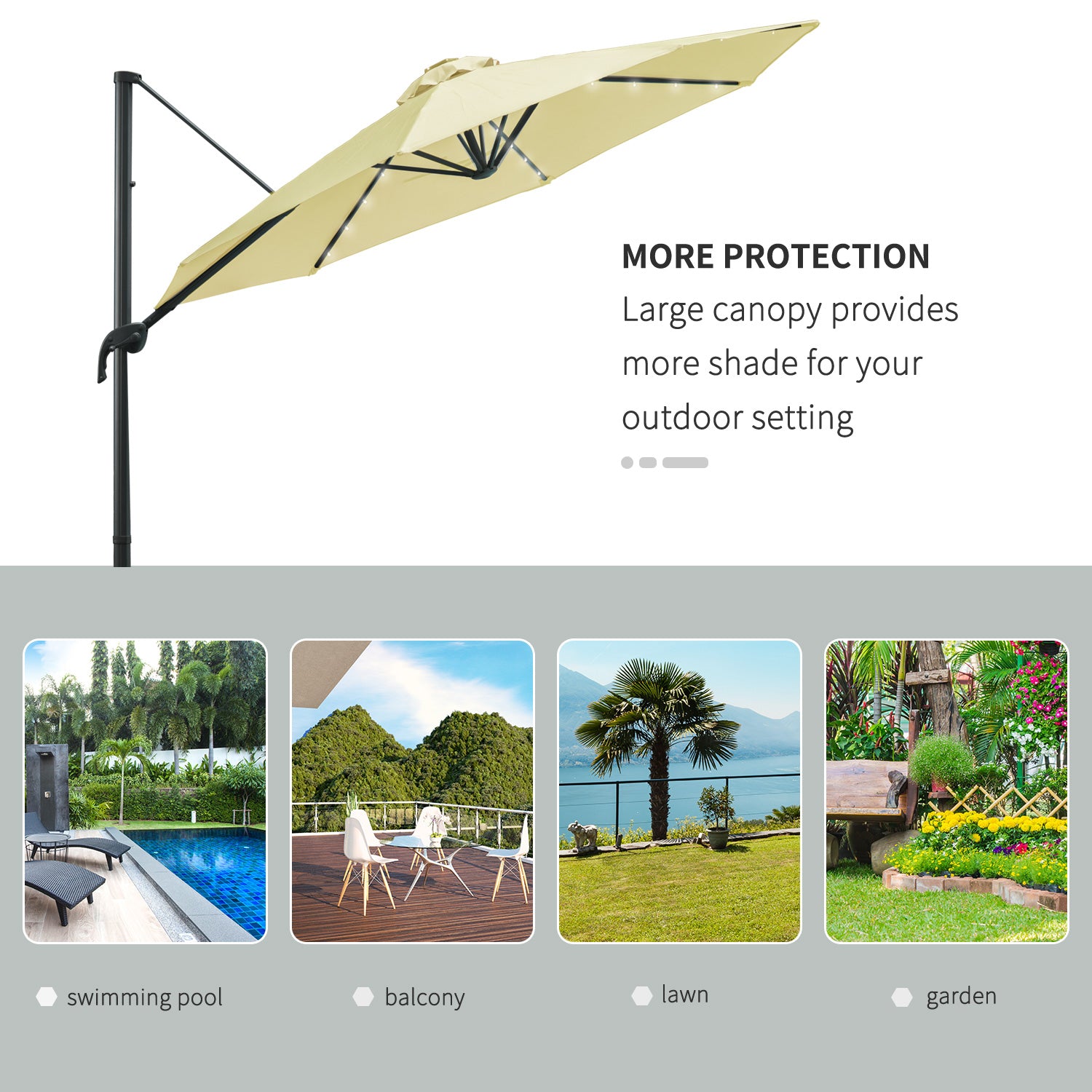 Outsunny 3(m) LED Cantilever Parasol Garden Sun Umbrella w/ Base and Solar Lights Beige