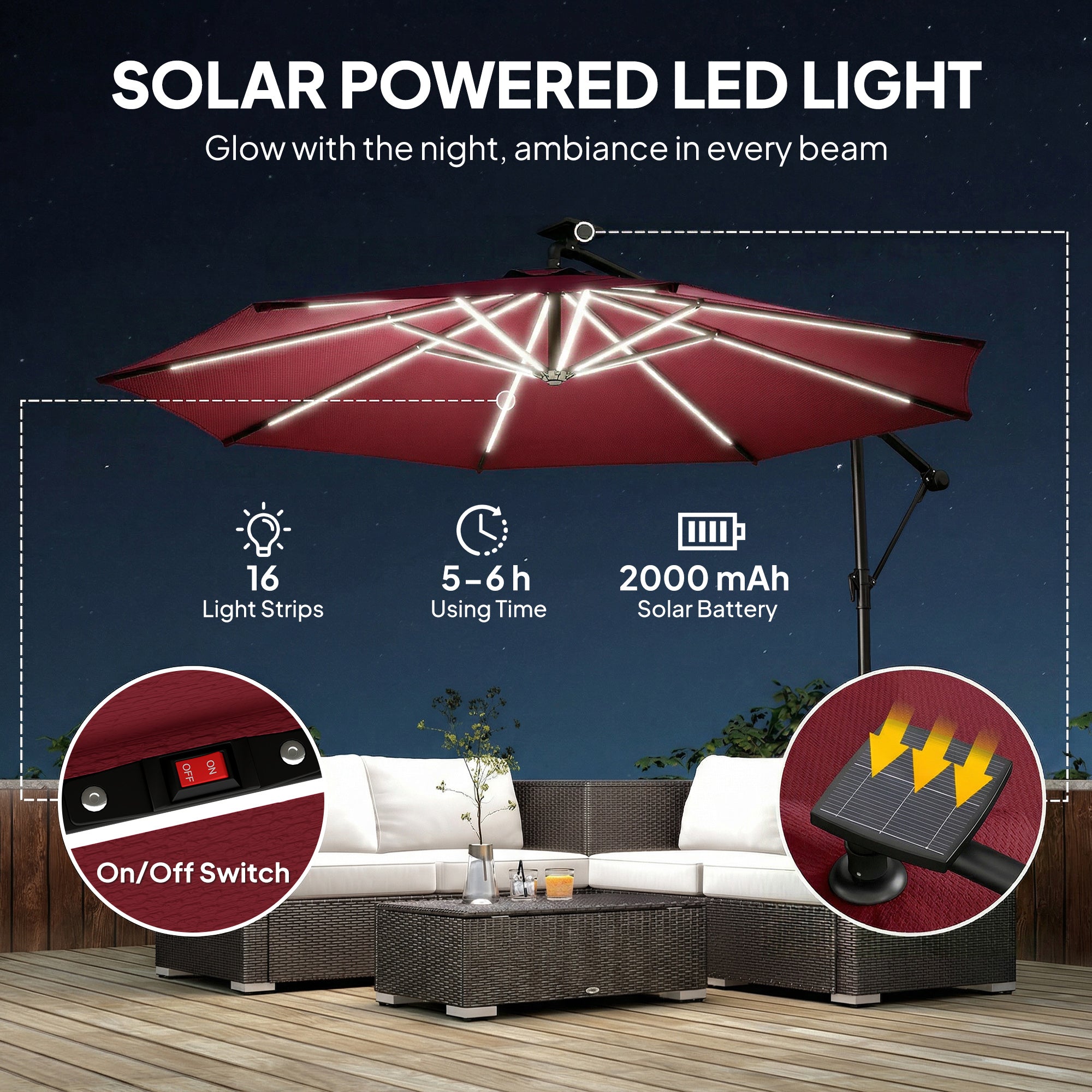 Outsunny 3 m Garden Cantilever Parasol with LED Solar Light, Round Overhanging Umbrella with 360Â° Rotation, Cover, Wine Red